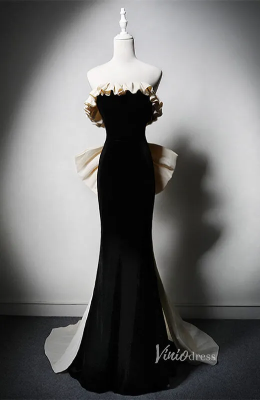 Black Velvet Mermaid Bow-Tie Prom Dresses Off the Shoulder Formal Dress AD1224