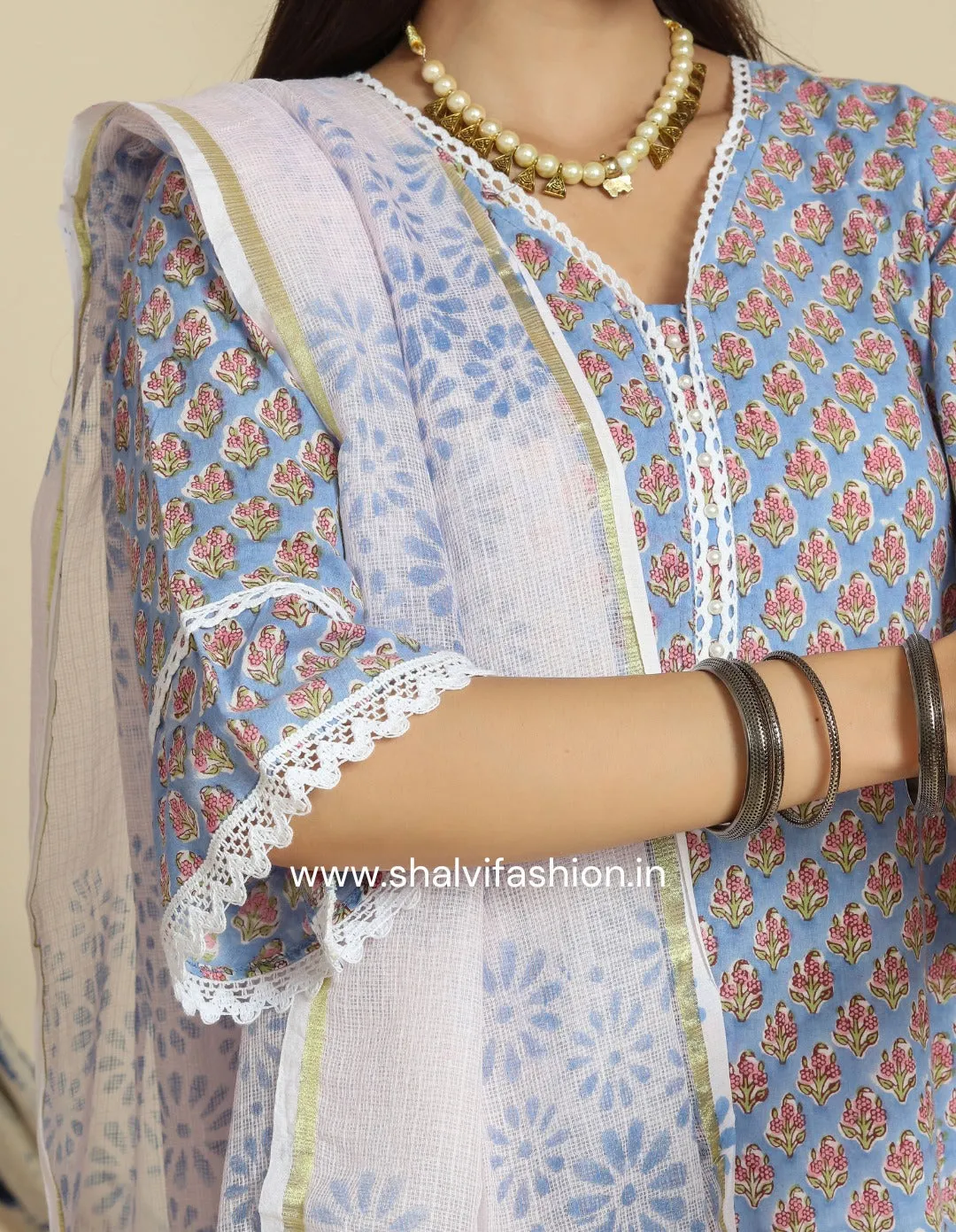 Blue Buti Print Cotton Suit Set with Kota Doria Dupatta (CSS80KD)