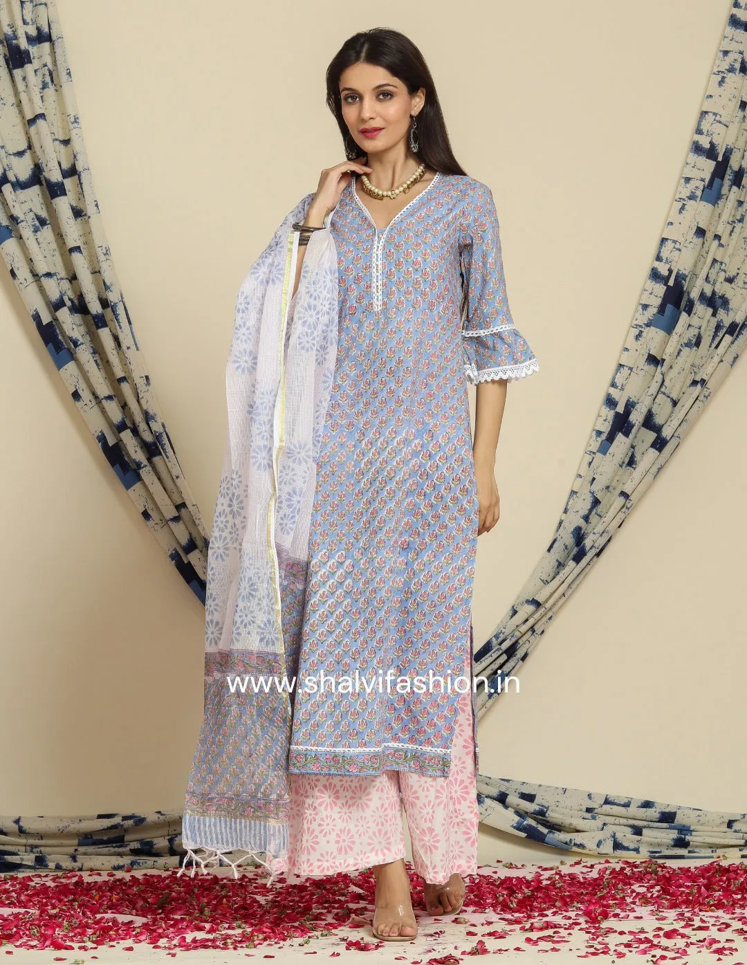 Blue Buti Print Cotton Suit Set with Kota Doria Dupatta (CSS80KD)