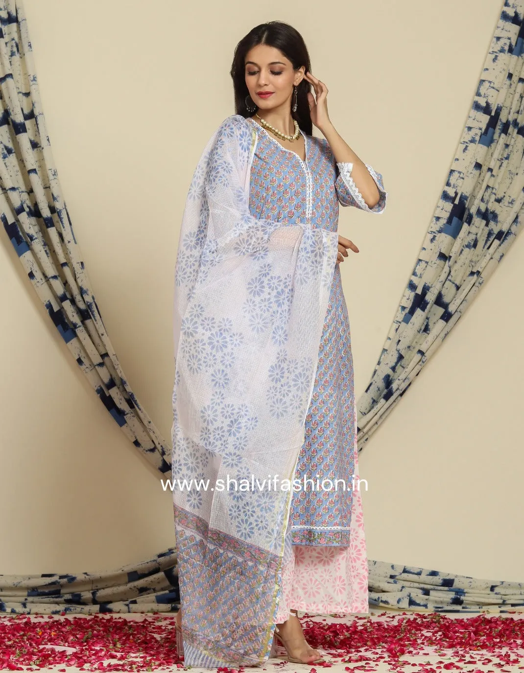 Blue Buti Print Cotton Suit Set with Kota Doria Dupatta (CSS80KD)