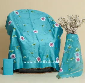 Blue Hand Paint Chanderi Silk Suit Set with Organza Dupatta (CHA396)