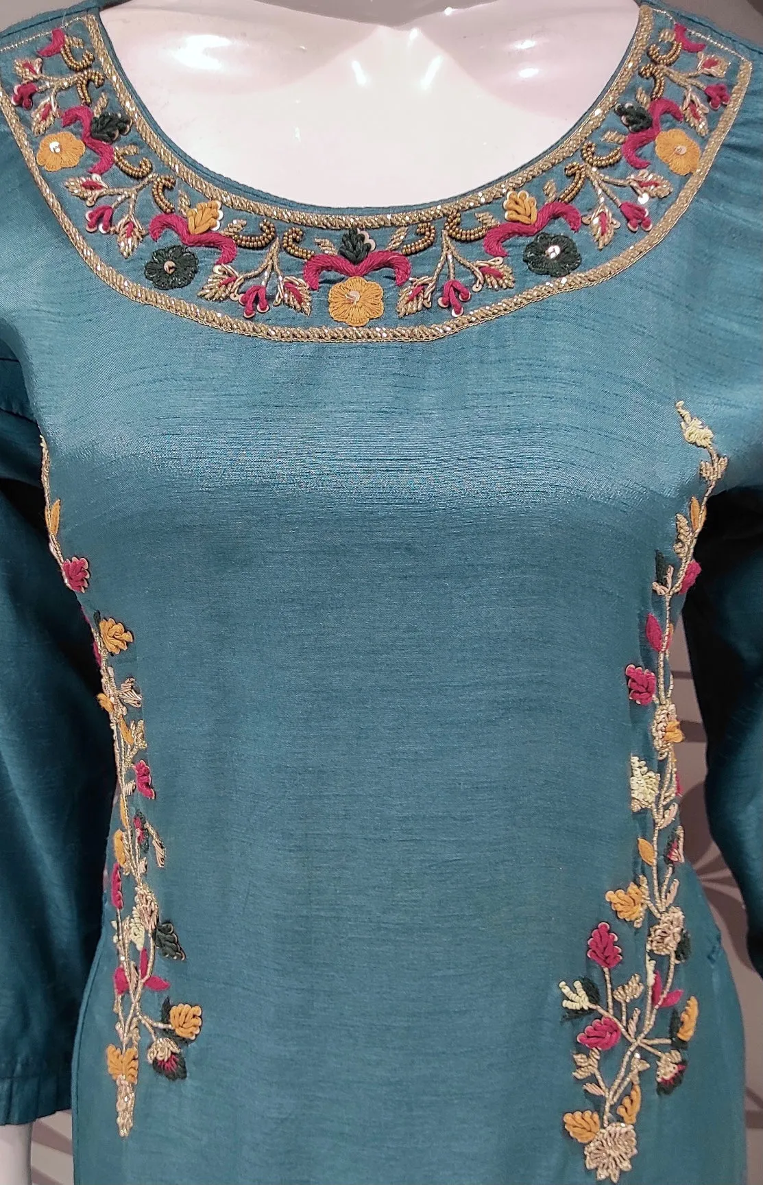 Blue Raw Silk Plazzo with Hand Embroidery