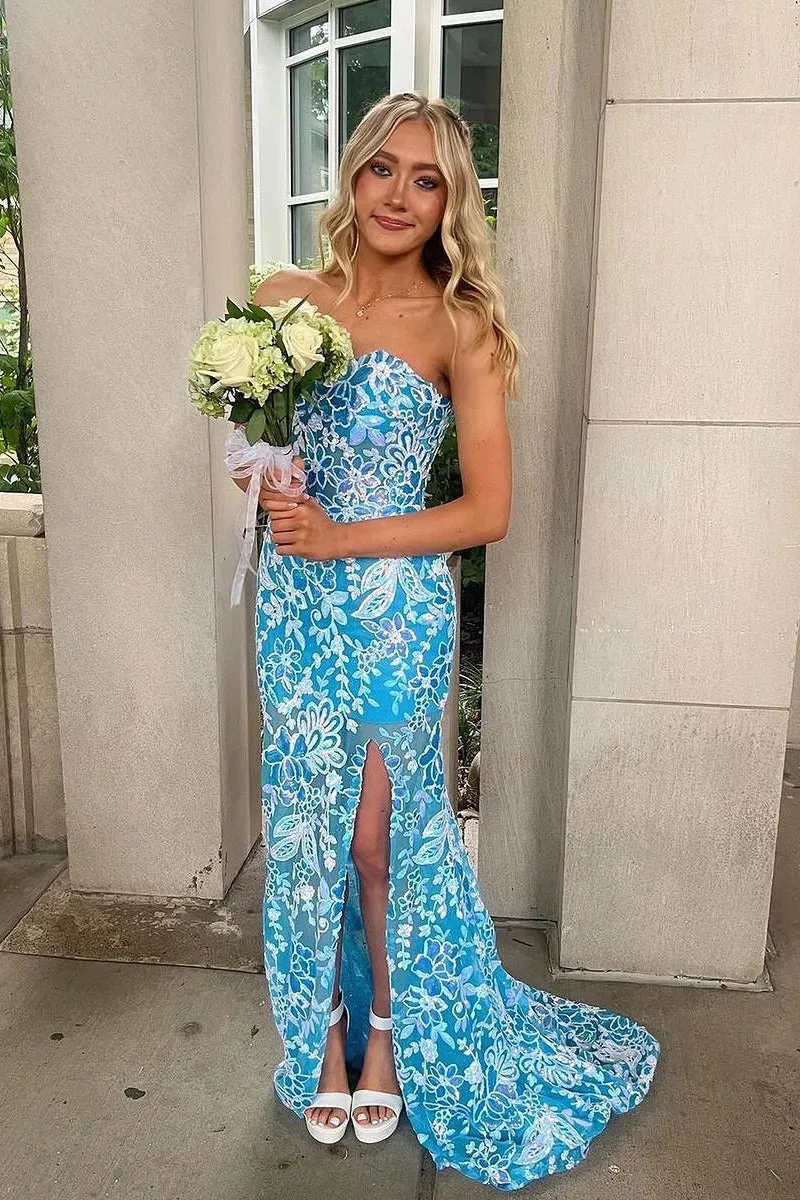 Blue Sequins Strapless Long Mermaid Prom Dresses,BD93385