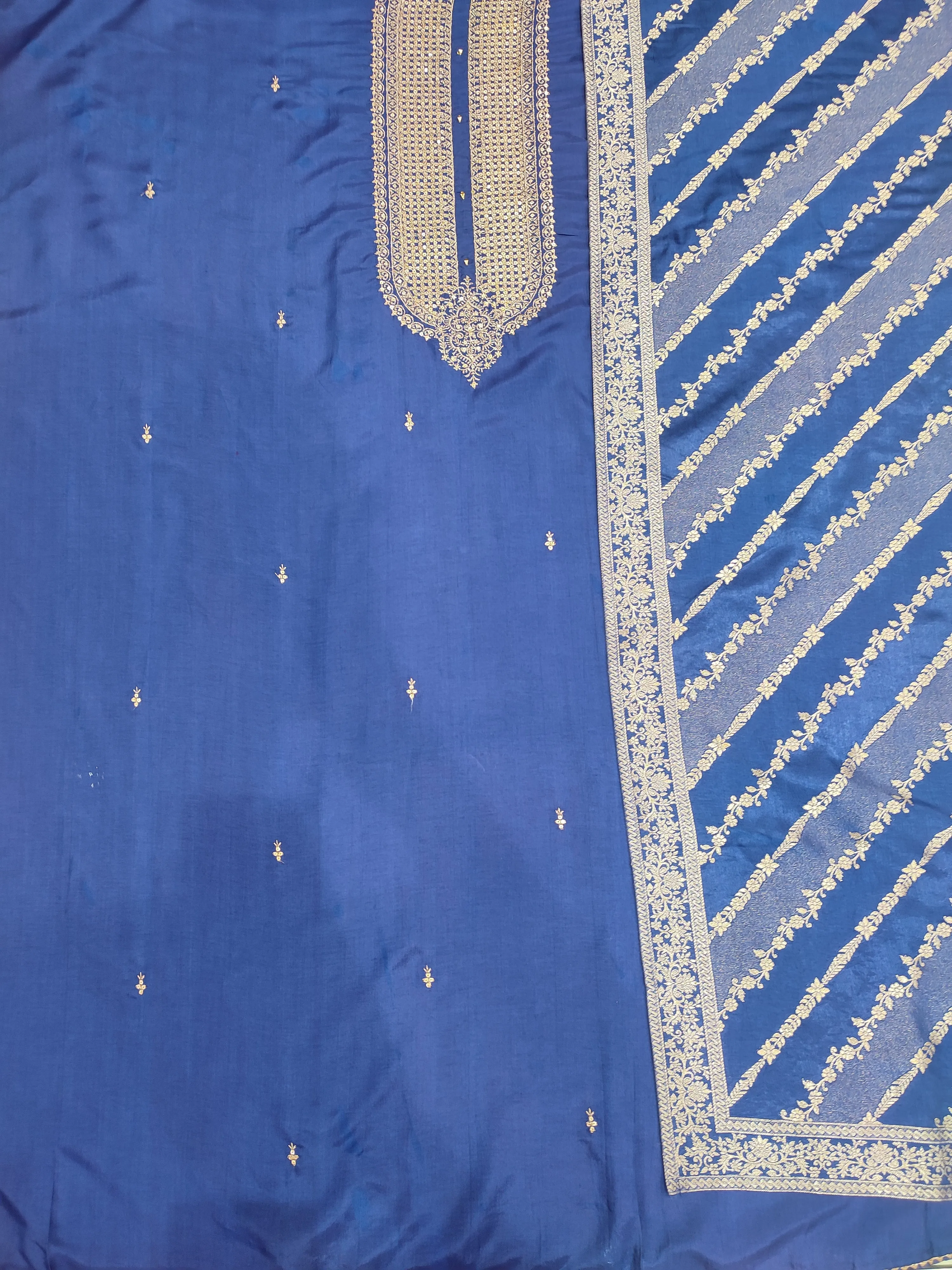 Blue Silk Unstitched Suit With Golden Embroidery