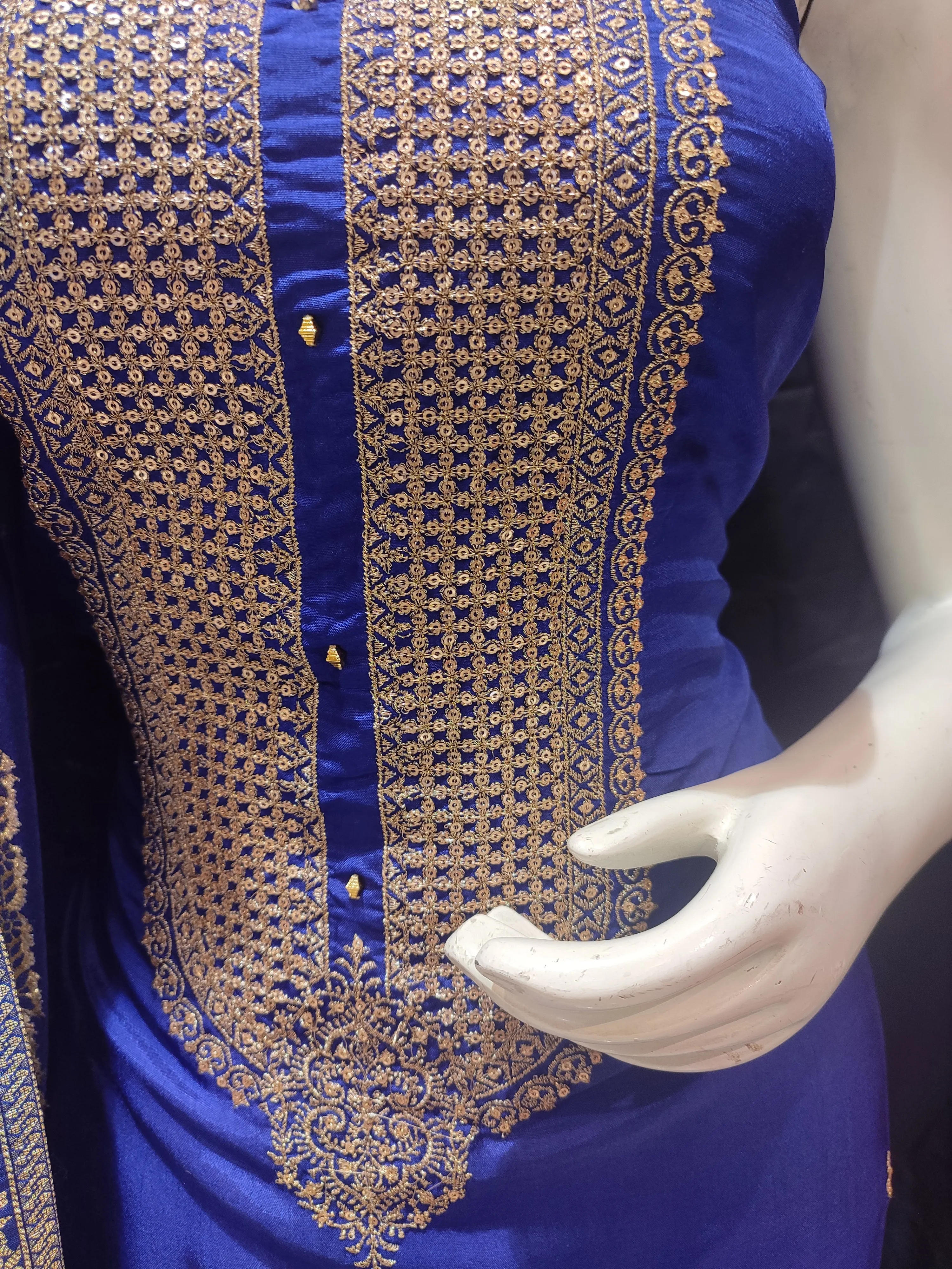 Blue Silk Unstitched Suit With Golden Embroidery