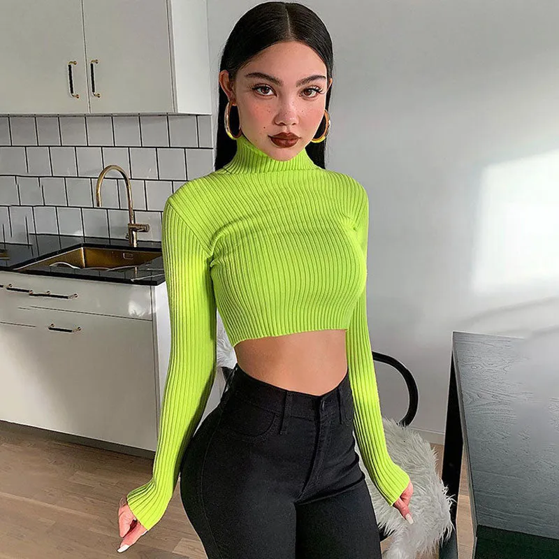 Bold Neon Green Turtleneck Long Sleeve Cropped Rib Knit Top