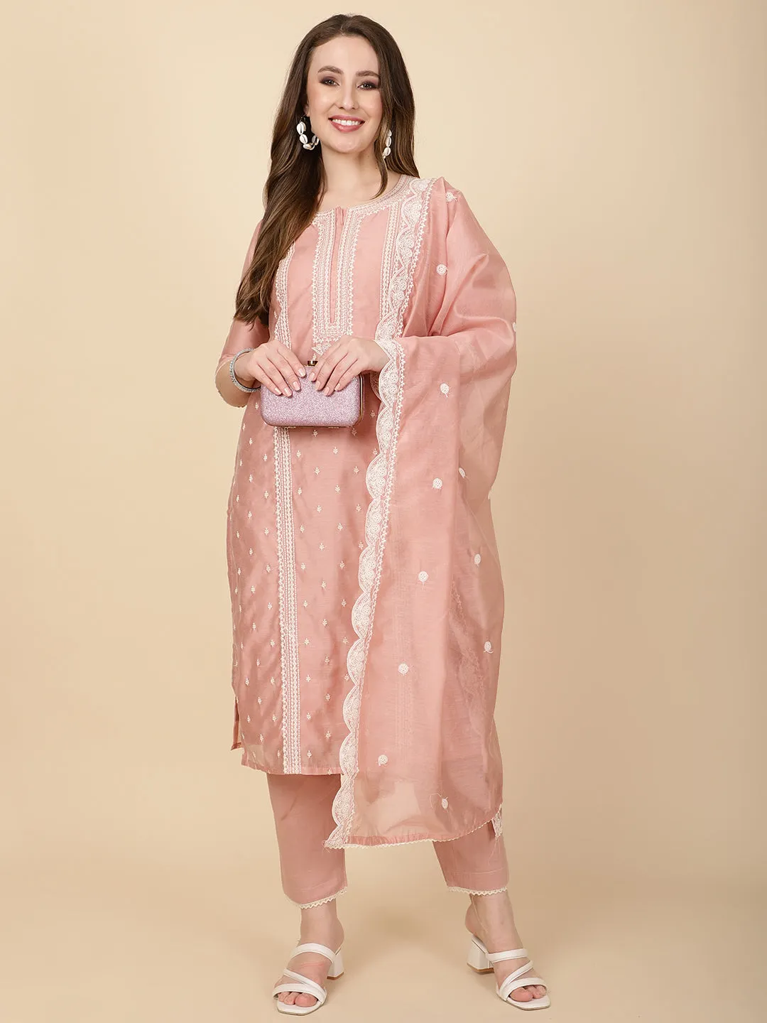 Booti Embroidery Chanderi Kurta With Pants & Dupatta