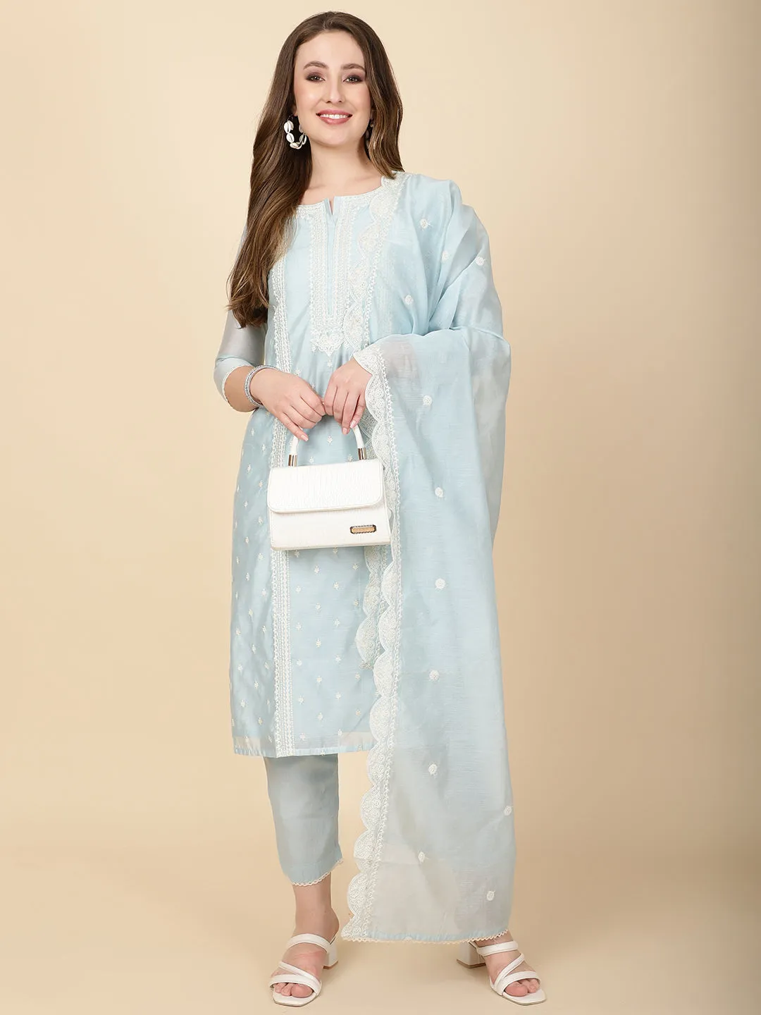 Booti Embroidery Chanderi Kurta With Pants & Dupatta