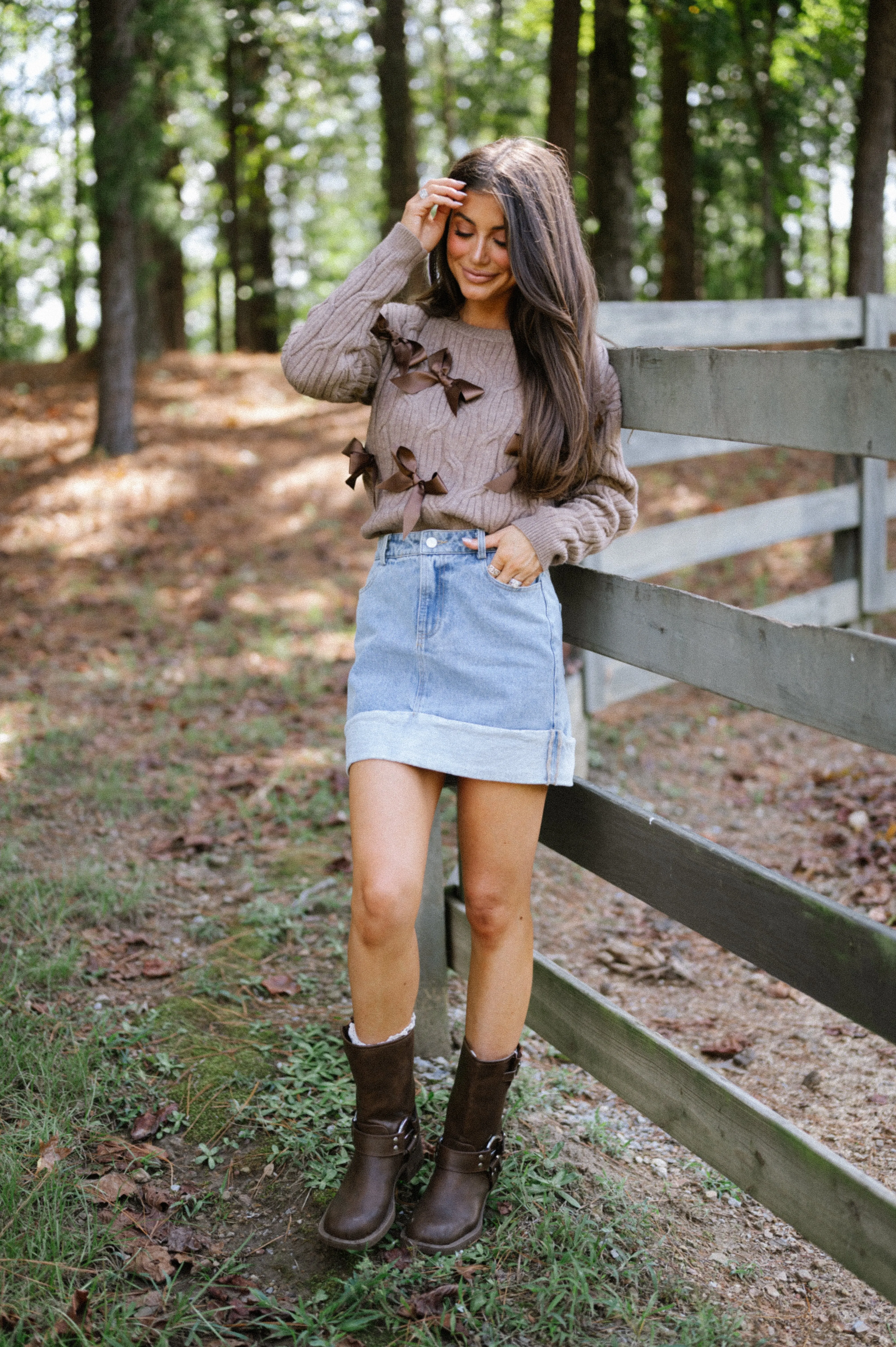 Bow Cable Knit Sweater- Brown