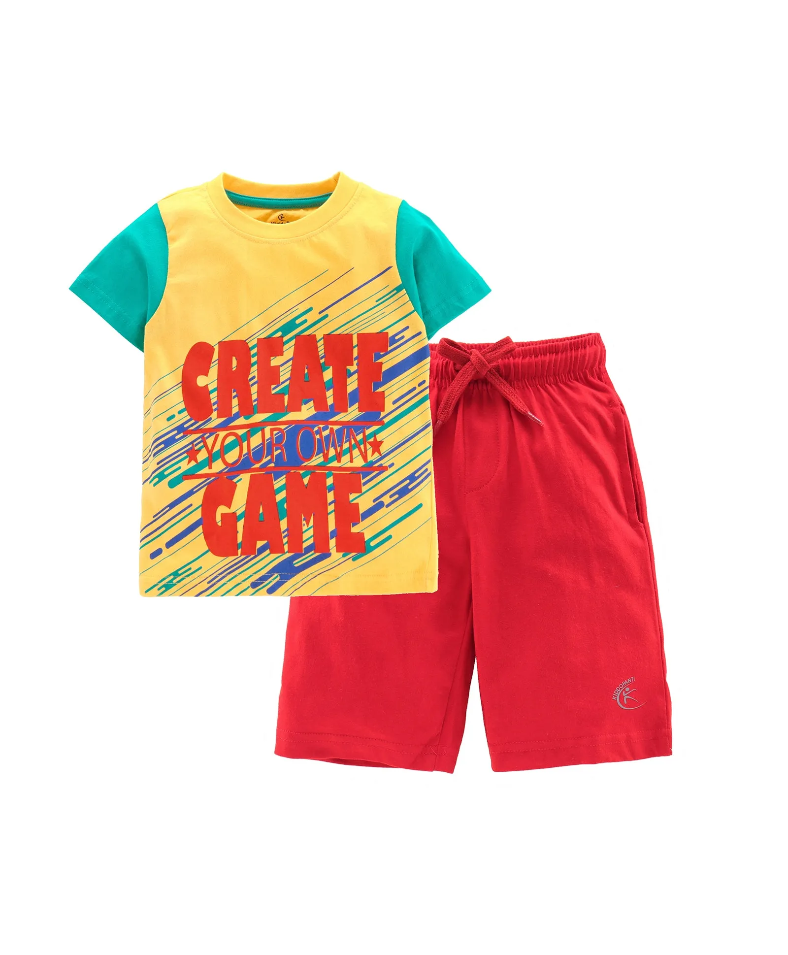 Boys Cotton T-shirt with Print and Knee length Shorts Set