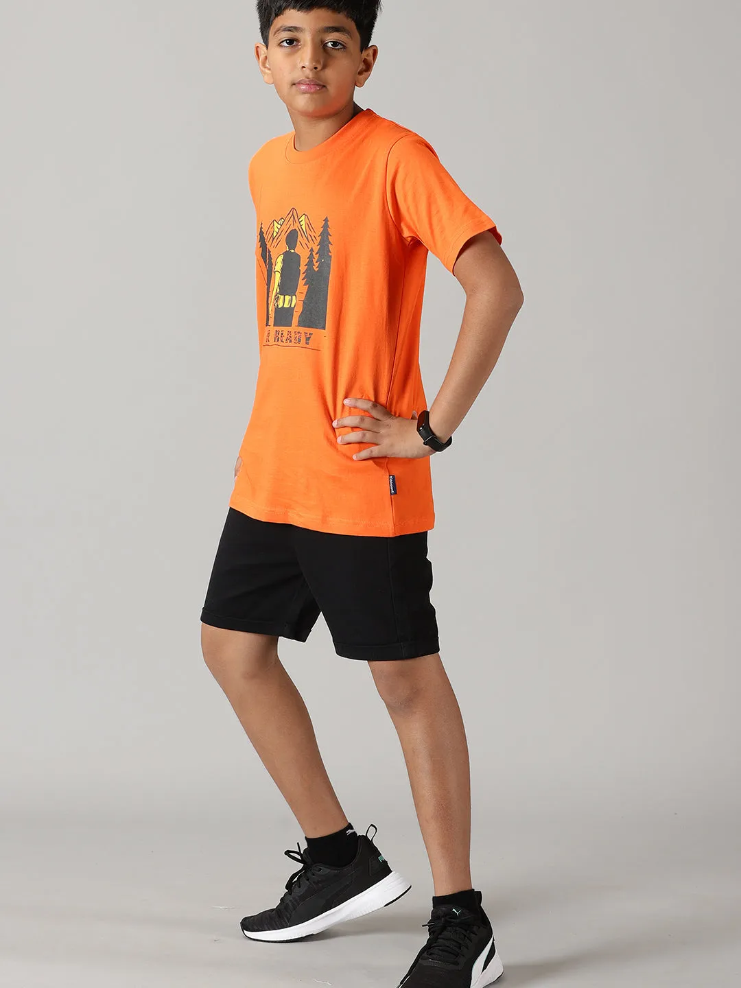 Boys Printed Round Neck Tee & Basic Roll up Shorts Set