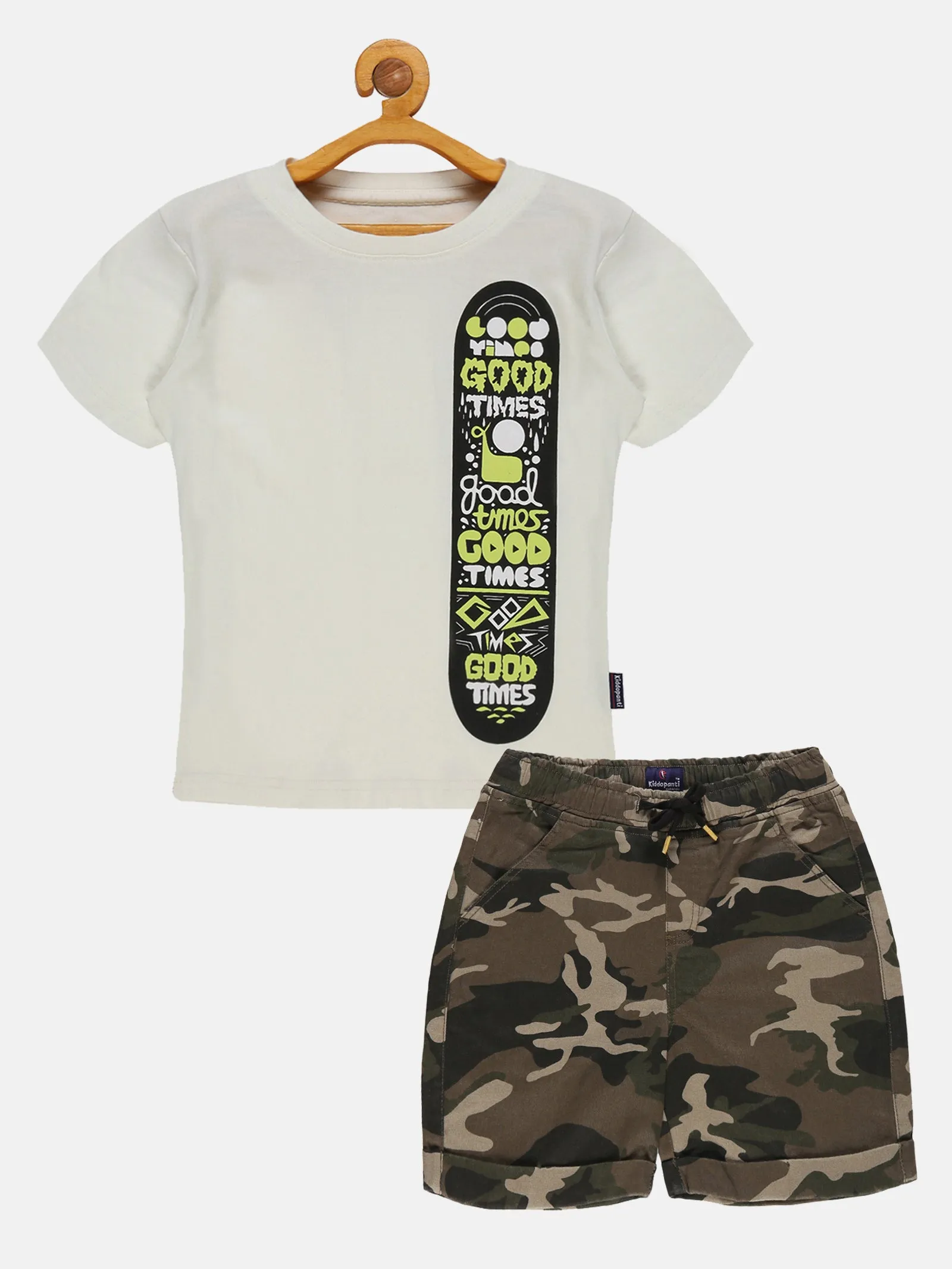 Boys Printed Round Neck Tee & Basic Roll up Shorts Set