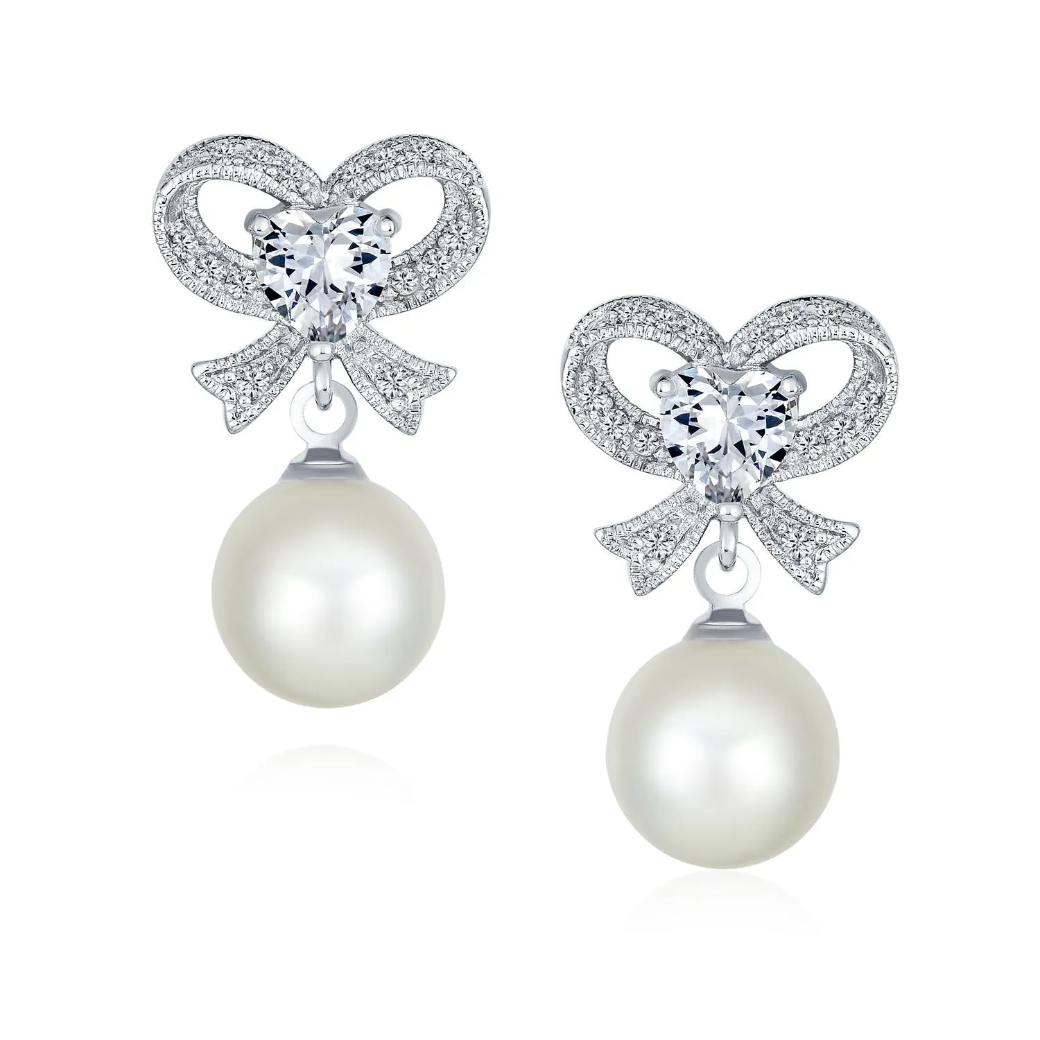 Bridal Holiday Ribbon CZ White Ball Drop Imitation Pearl Earrings