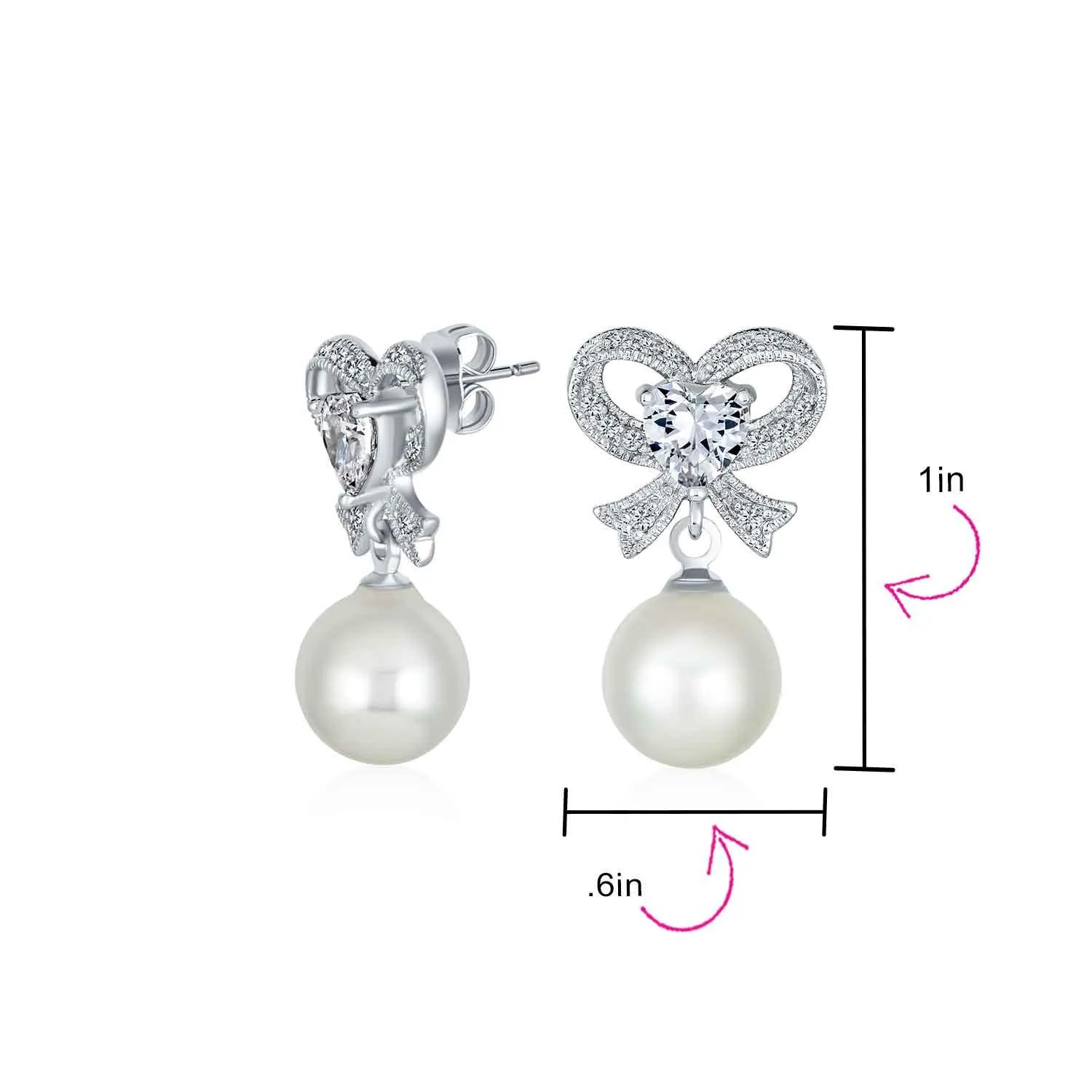 Bridal Holiday Ribbon CZ White Ball Drop Imitation Pearl Earrings