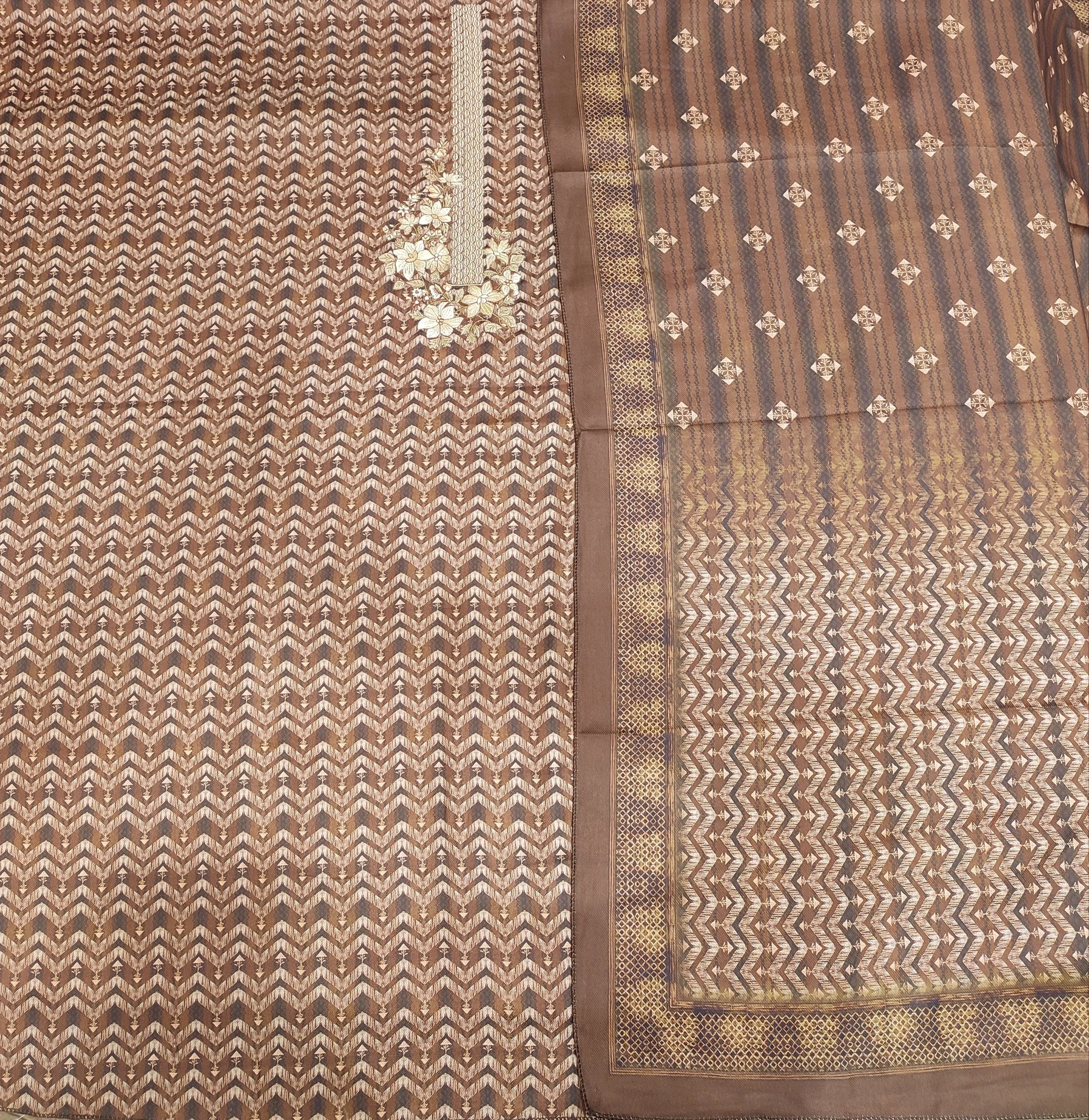 Brown Pashmina Unstitched Suit With Thread Embroidery