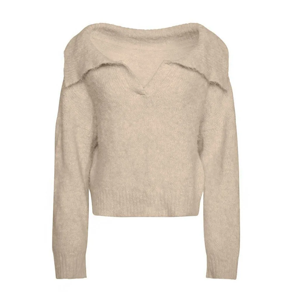 Casual Foldover Collar V Neck Drop Shoulder Apricot Pullover Cropped Sweater