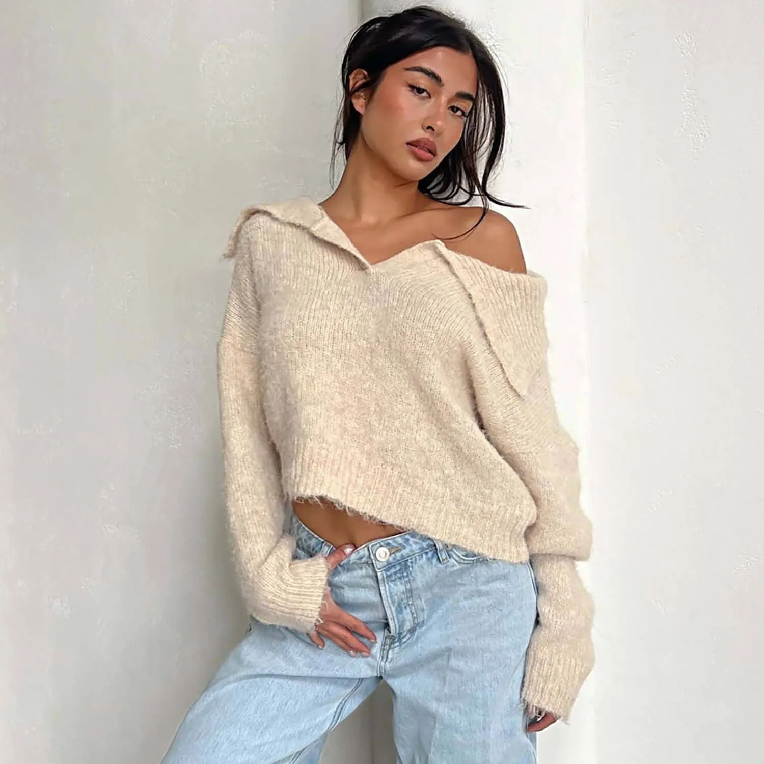 Casual Foldover Collar V Neck Drop Shoulder Apricot Pullover Cropped Sweater