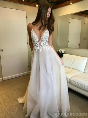 Champagne Spaghetti Straps Backless Cheap Wedding Dresses Online, Cheap Bridal Dresses, WD611