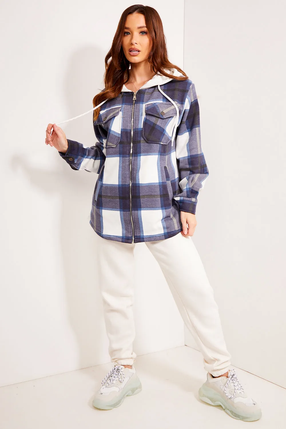 Charlotte Blue Check Hooded Shacket