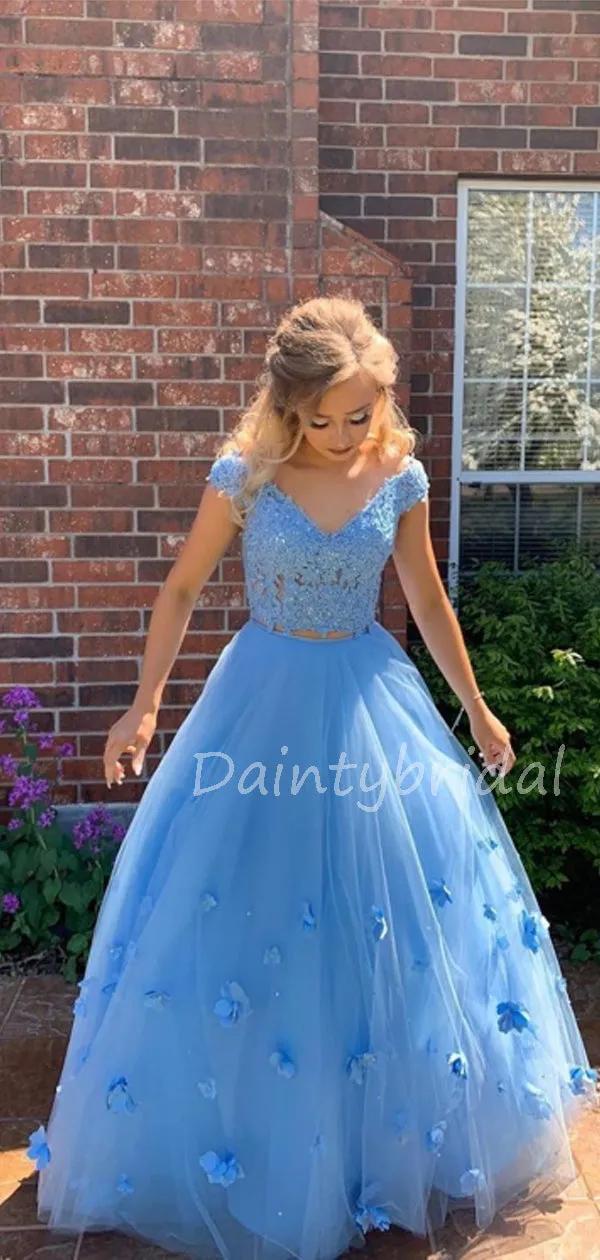 Charming Off-shoulder Floor-length Tulle Lace A-line Long Prom Dresses Evening Dresses.DB10602