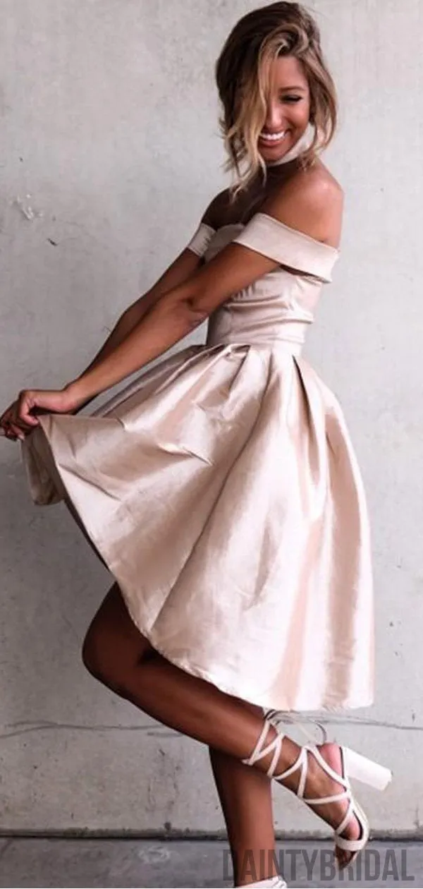 Charming Off-shoulder Satin Short Dresses,Homecoming Dresses.DB10116