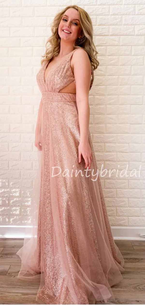 Charming V-neck Floor-length Tulle Sequin Long Prom Dresses Evening Dresses.DB10599