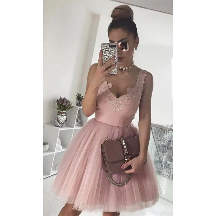 Cheap V Neck Tulle Cute Pink Homecoming Dresses 2018, CM439