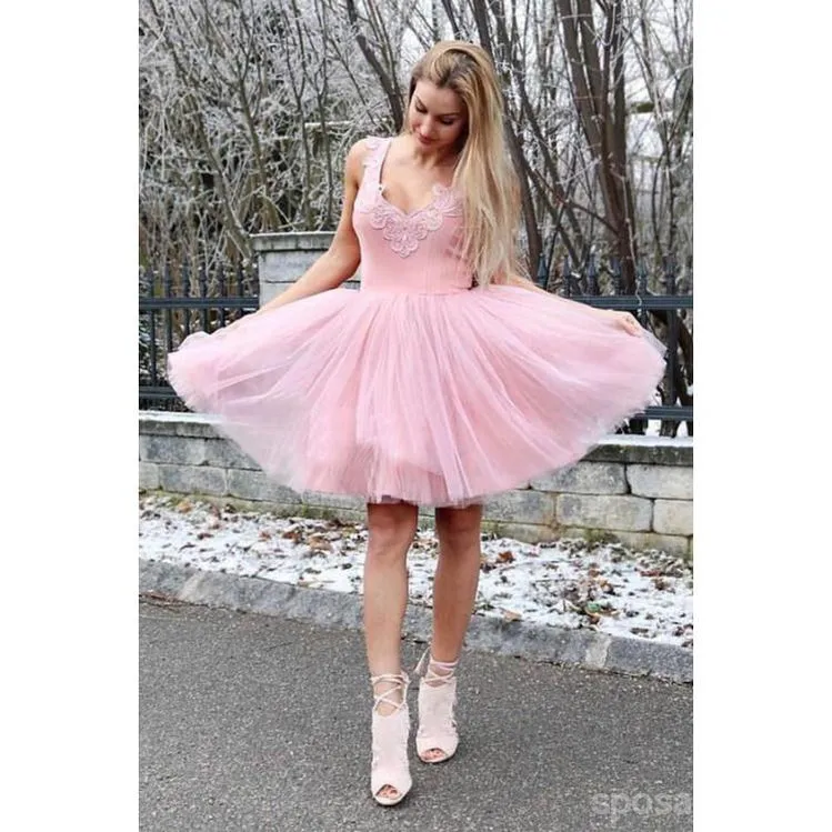 Cheap V Neck Tulle Cute Pink Homecoming Dresses 2018, CM439