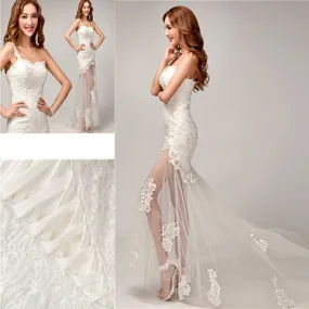 Chic Design One Shoulder Lace Top See Through Sexy Mermaid Lace Up Wedding Dresses, WD0143