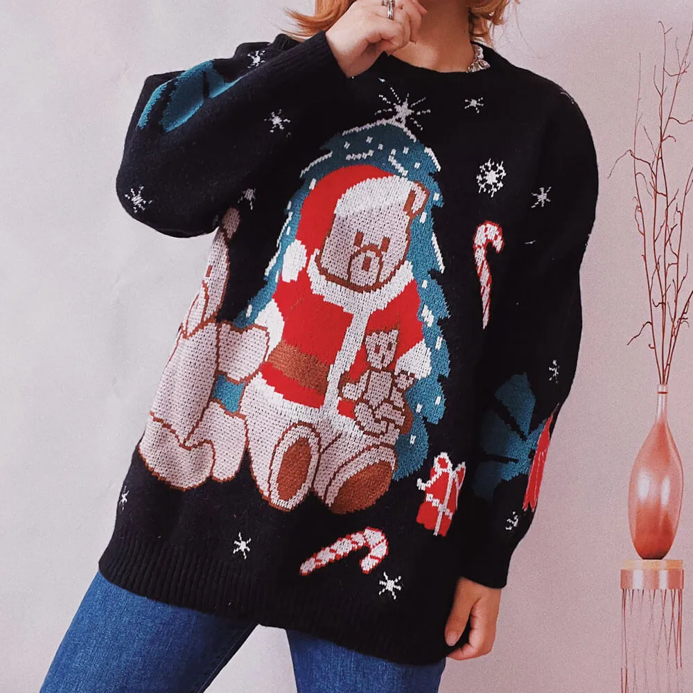 Christmas Bear Jacquard Crew Neck Long Sleeve Pullover Sweater