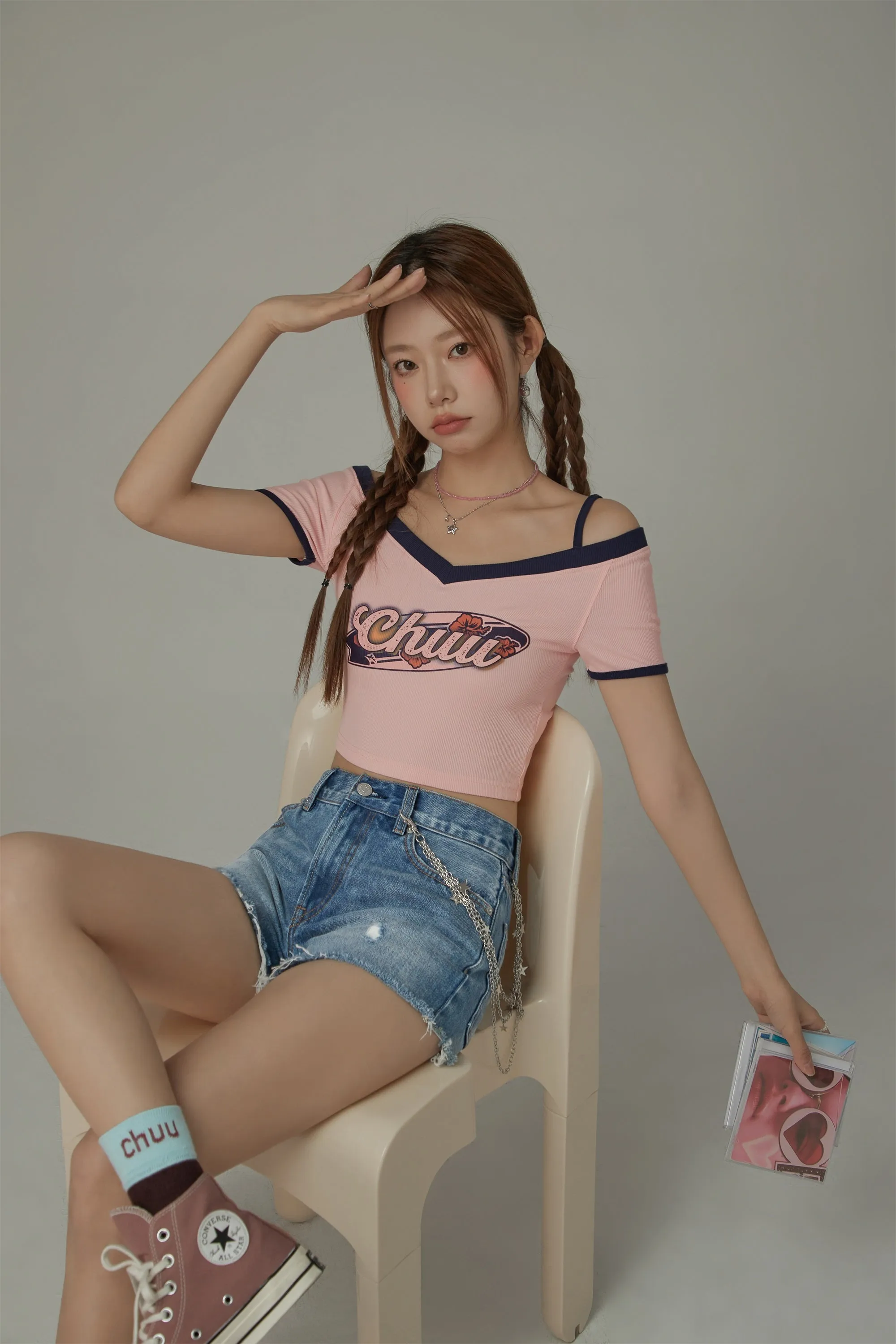 Chuu Lettering Off-The-Shoulder Crop T-Shirt