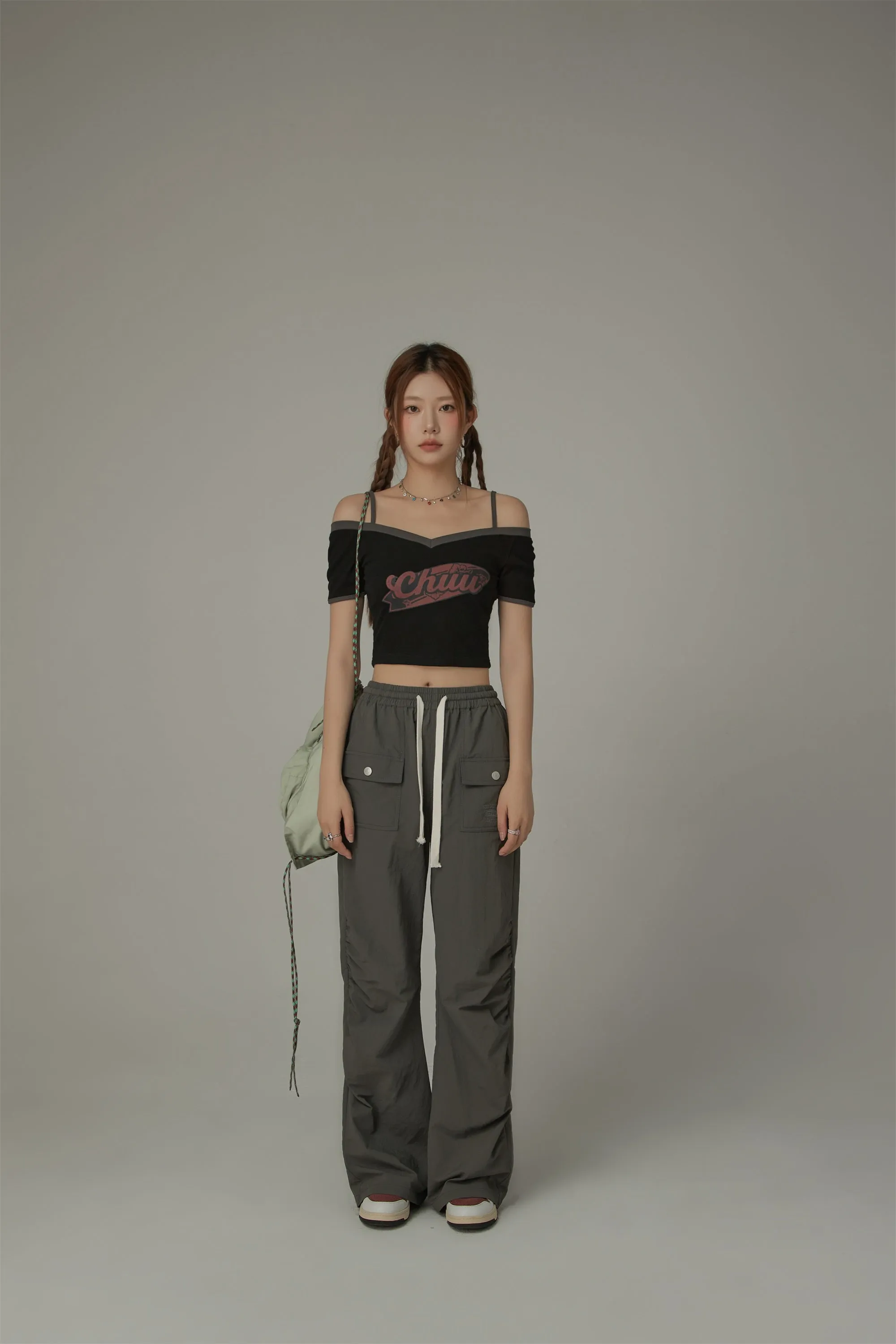 Chuu Lettering Off-The-Shoulder Crop T-Shirt