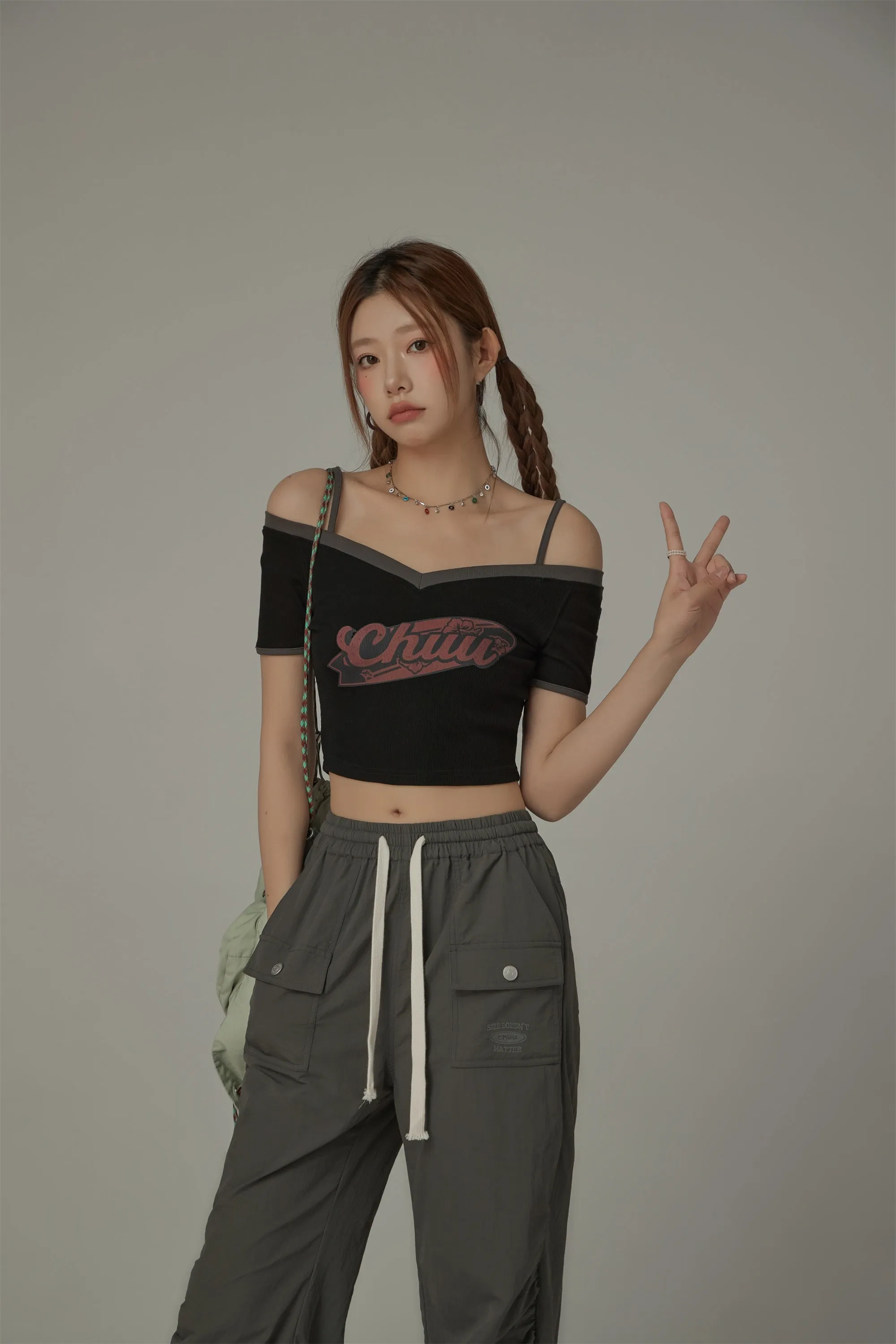 Chuu Lettering Off-The-Shoulder Crop T-Shirt