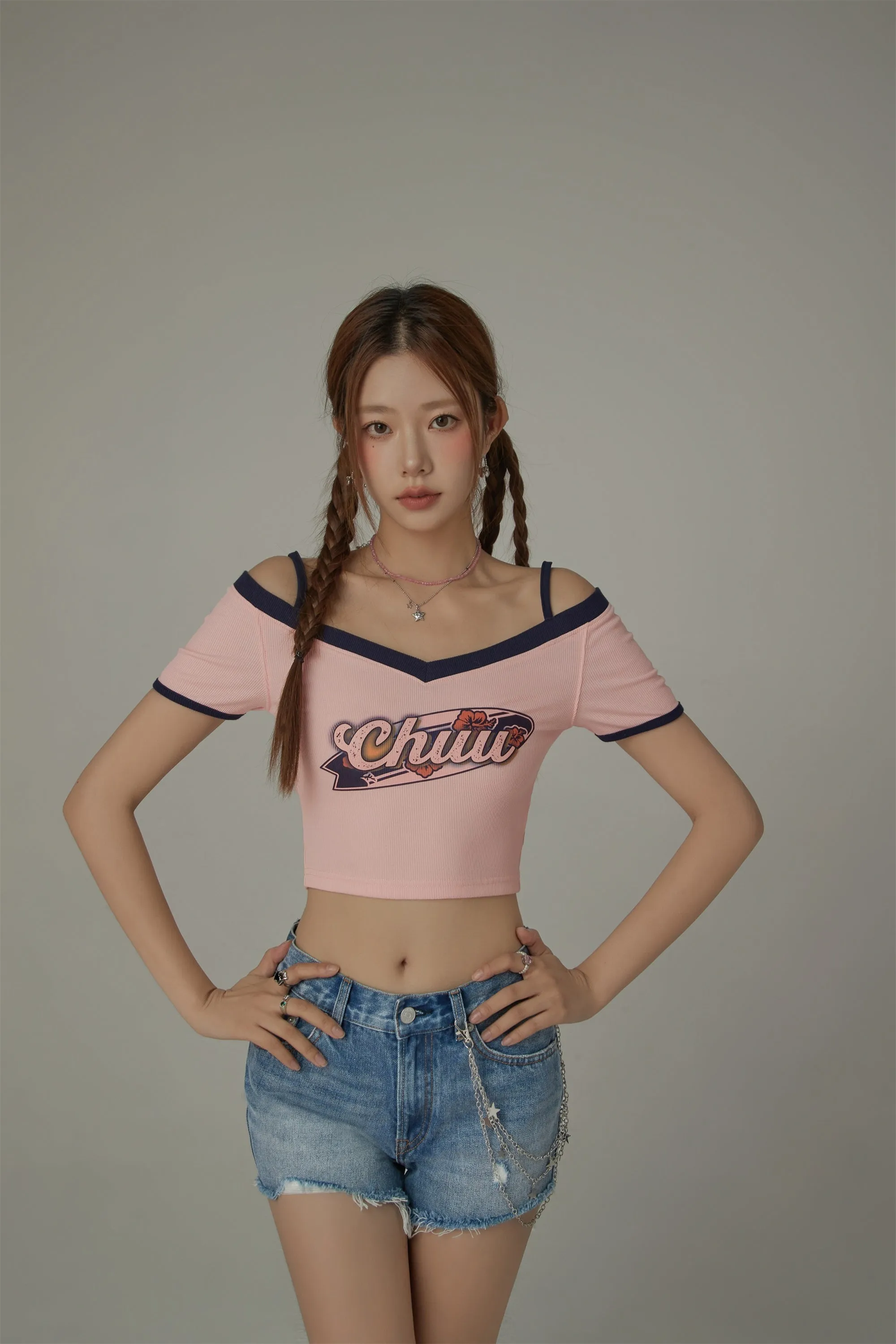 Chuu Lettering Off-The-Shoulder Crop T-Shirt