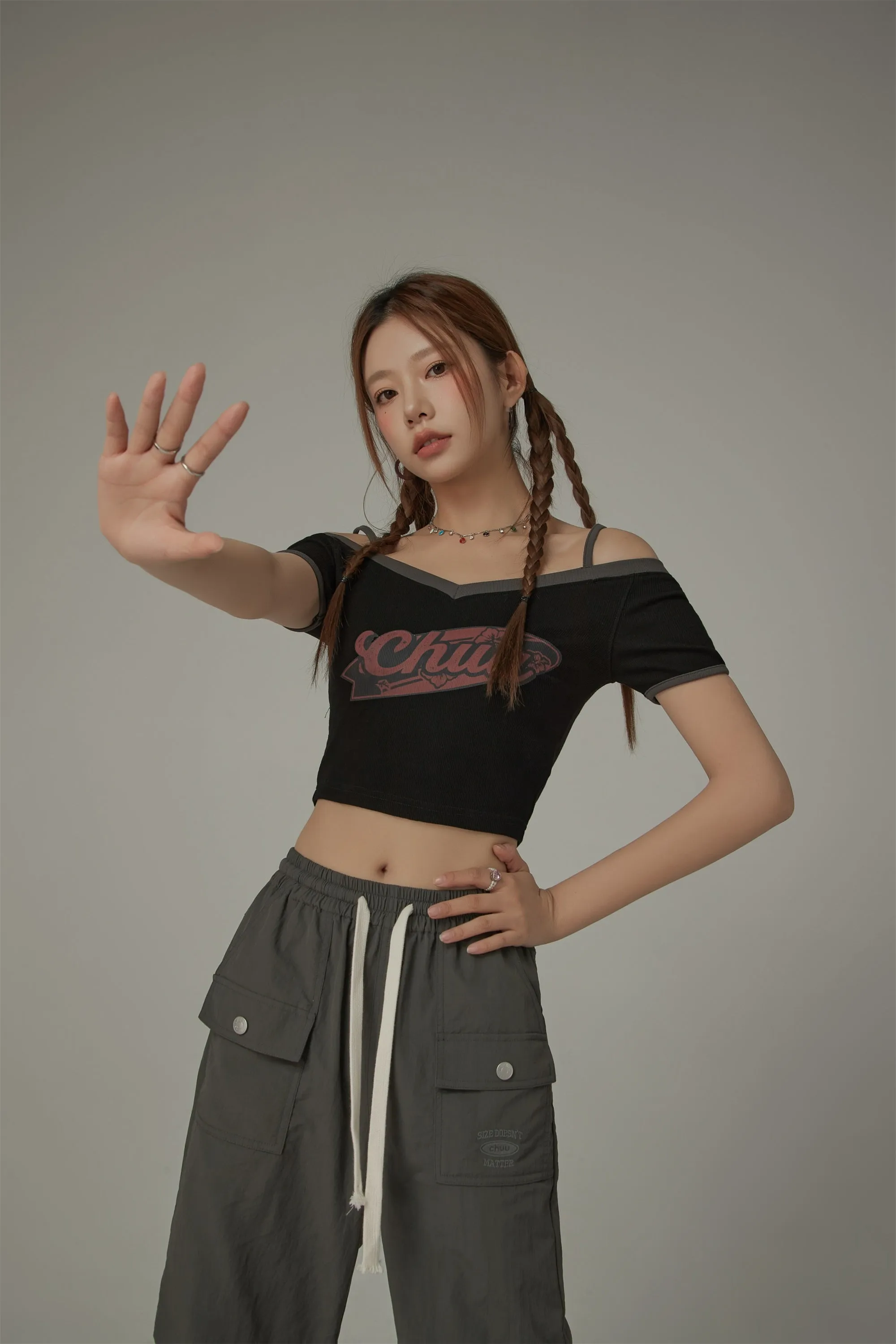 Chuu Lettering Off-The-Shoulder Crop T-Shirt