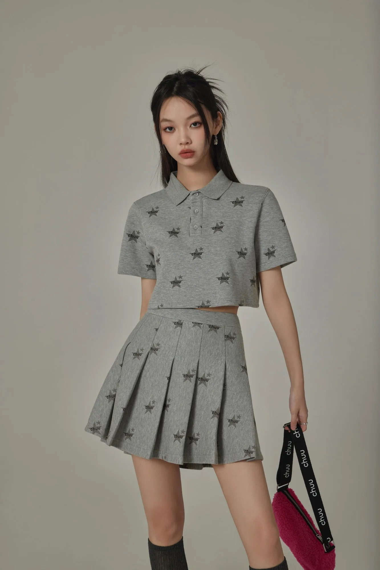 Chuu Star Pattern Button Up Collar Cropped T-Shirt