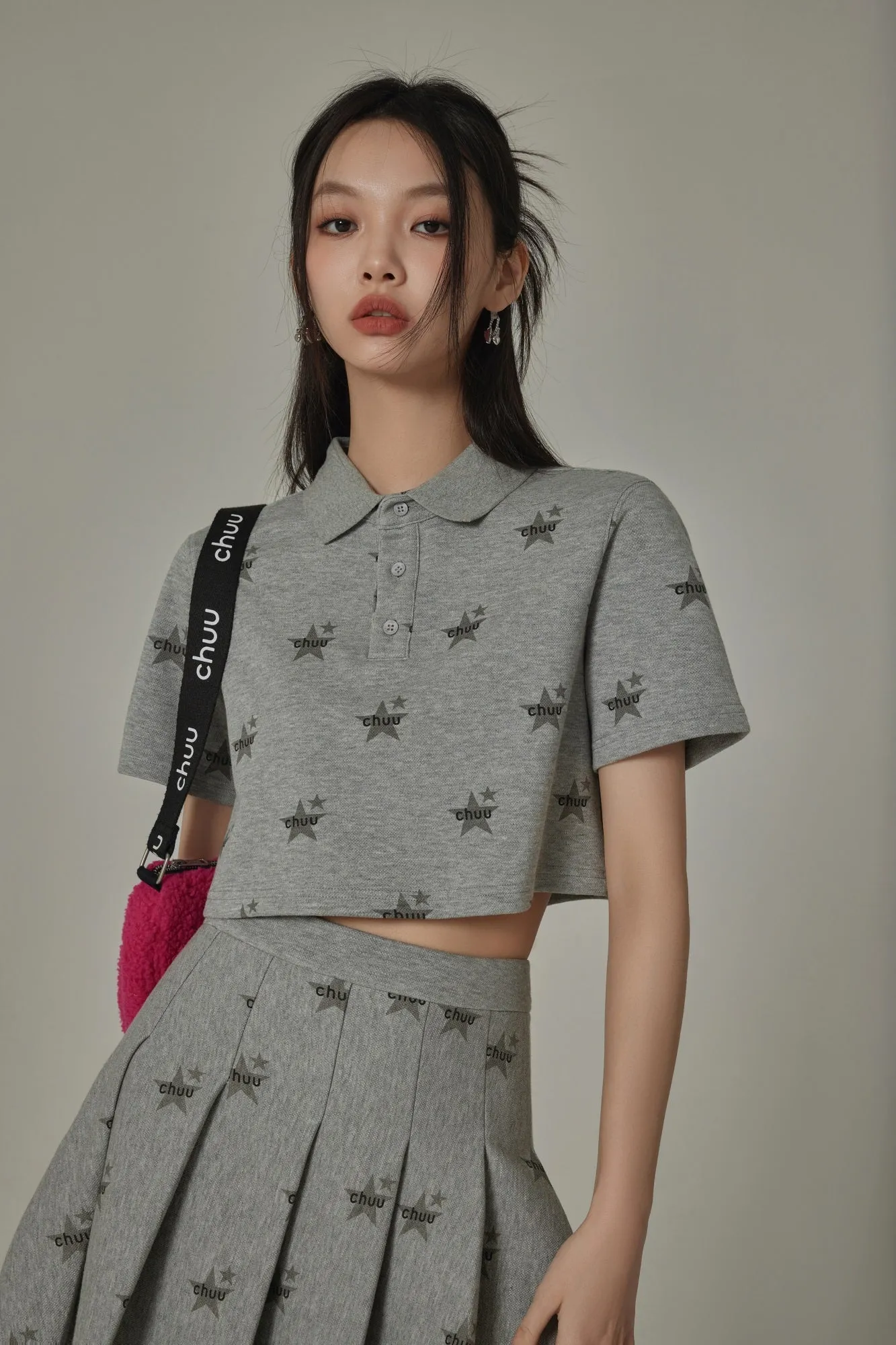 Chuu Star Pattern Button Up Collar Cropped T-Shirt