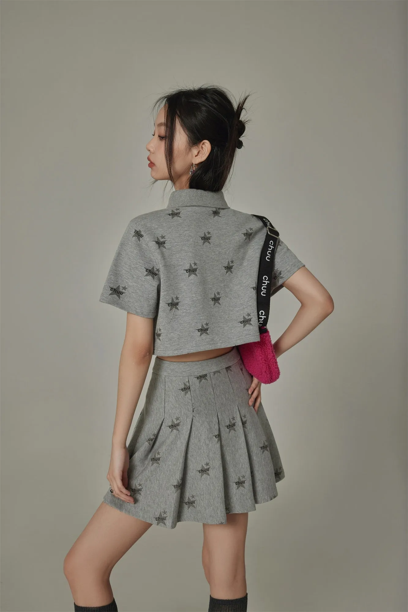 Chuu Star Pattern Button Up Collar Cropped T-Shirt