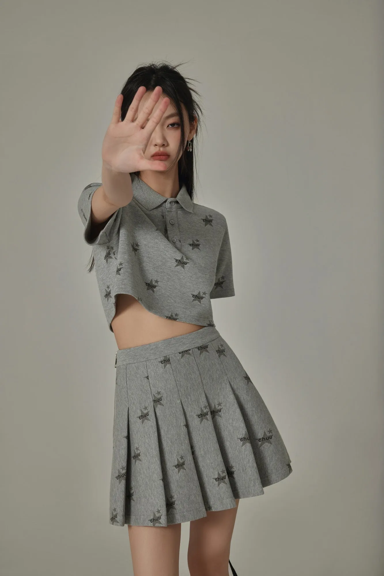 Chuu Star Pattern Button Up Collar Cropped T-Shirt