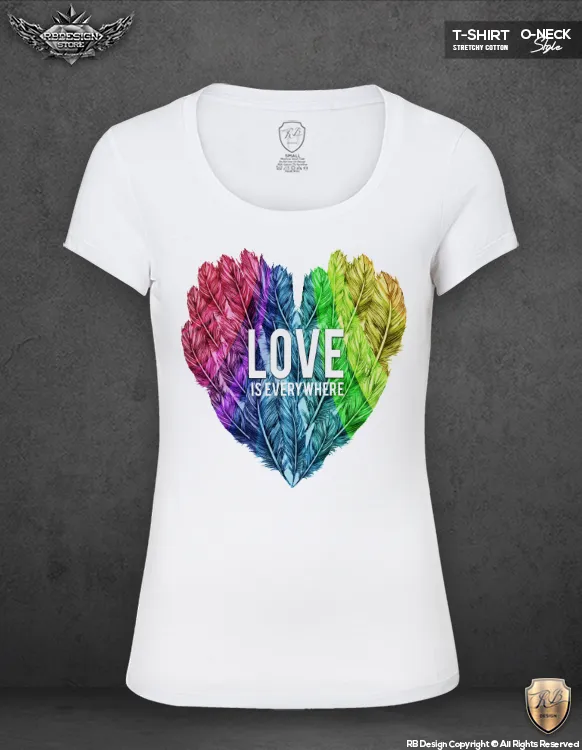 Colorful Feather Heart Womens T-shirt LOVE is Everywhere Slogan RB Design WD046