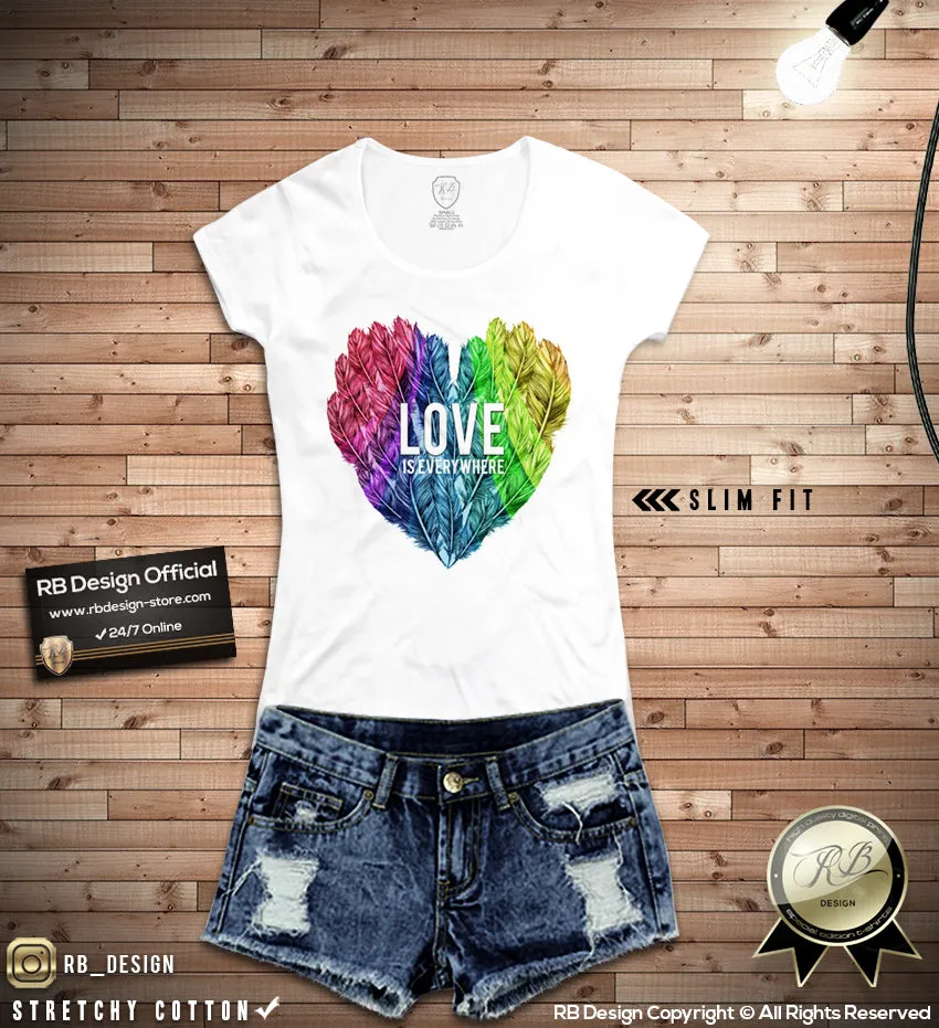 Colorful Feather Heart Womens T-shirt LOVE is Everywhere Slogan RB Design WD046