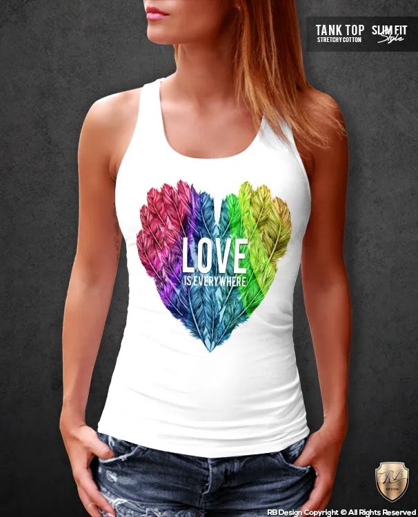 Colorful Feather Heart Womens T-shirt LOVE is Everywhere Slogan RB Design WD046