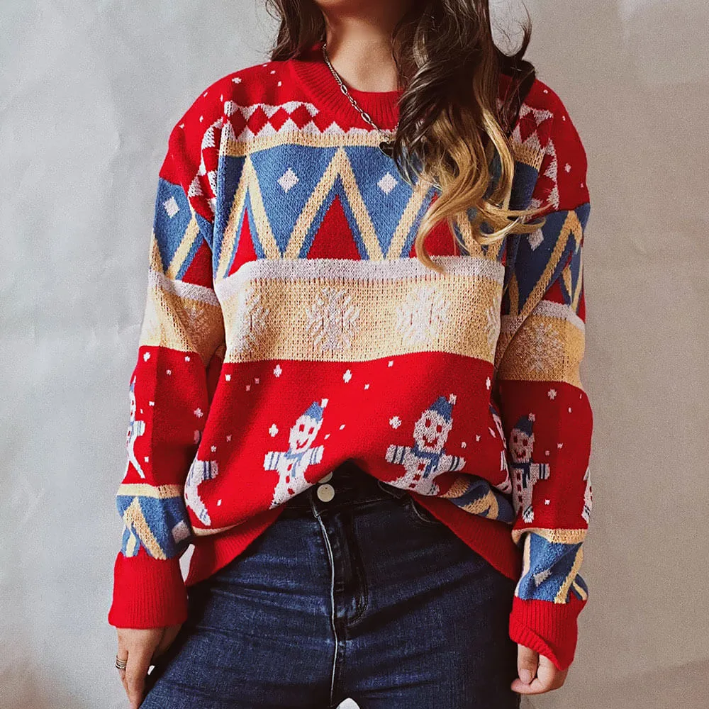 Colorful Snowman Pattern Christmas Pullover Fair Isle Sweater