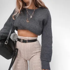 Cool Dark Gray Crew Neck Long Sleeve Cropped Pullover Knit Sweater