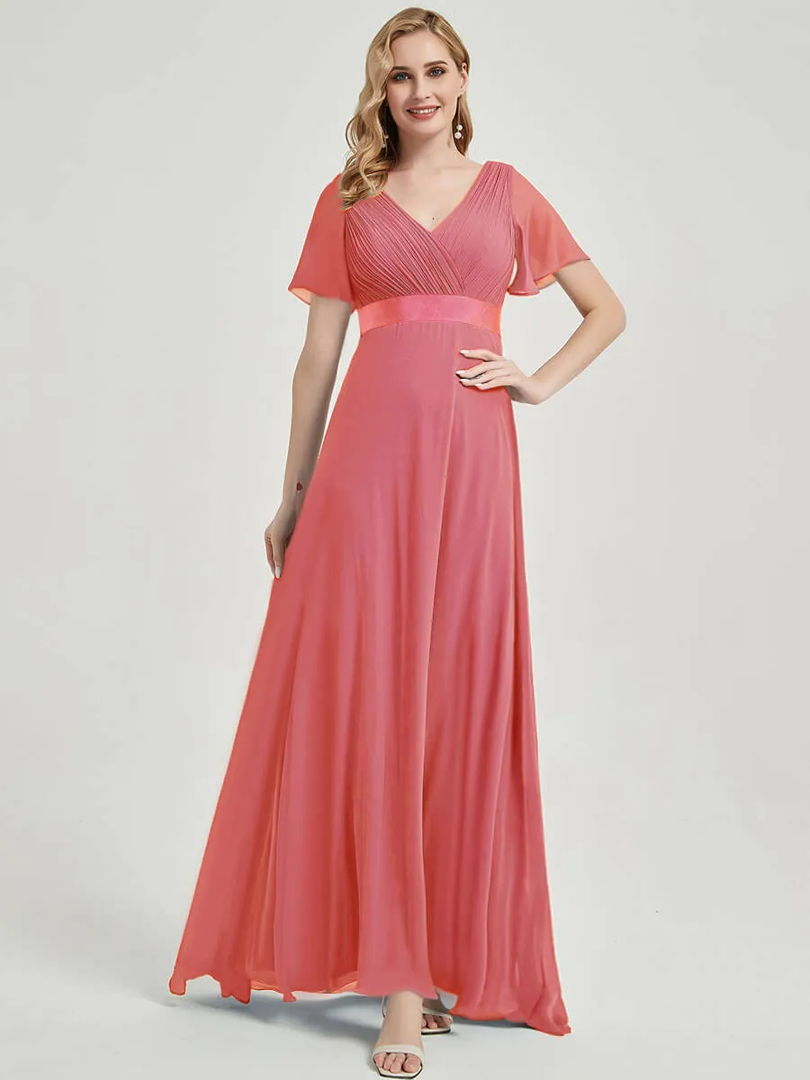 Coral Short Sleeve Ruffle Pleated  A-Line Maxi Bridesmaid Dress