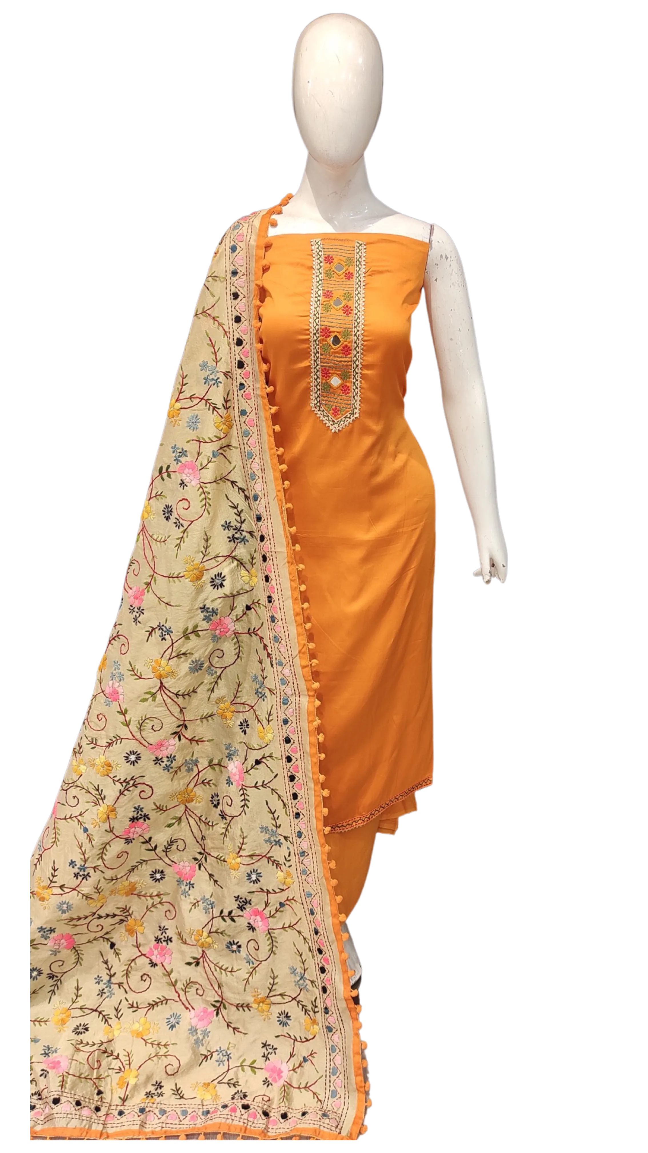 Cotton Unstitched Suit with Phulkari Dupatta