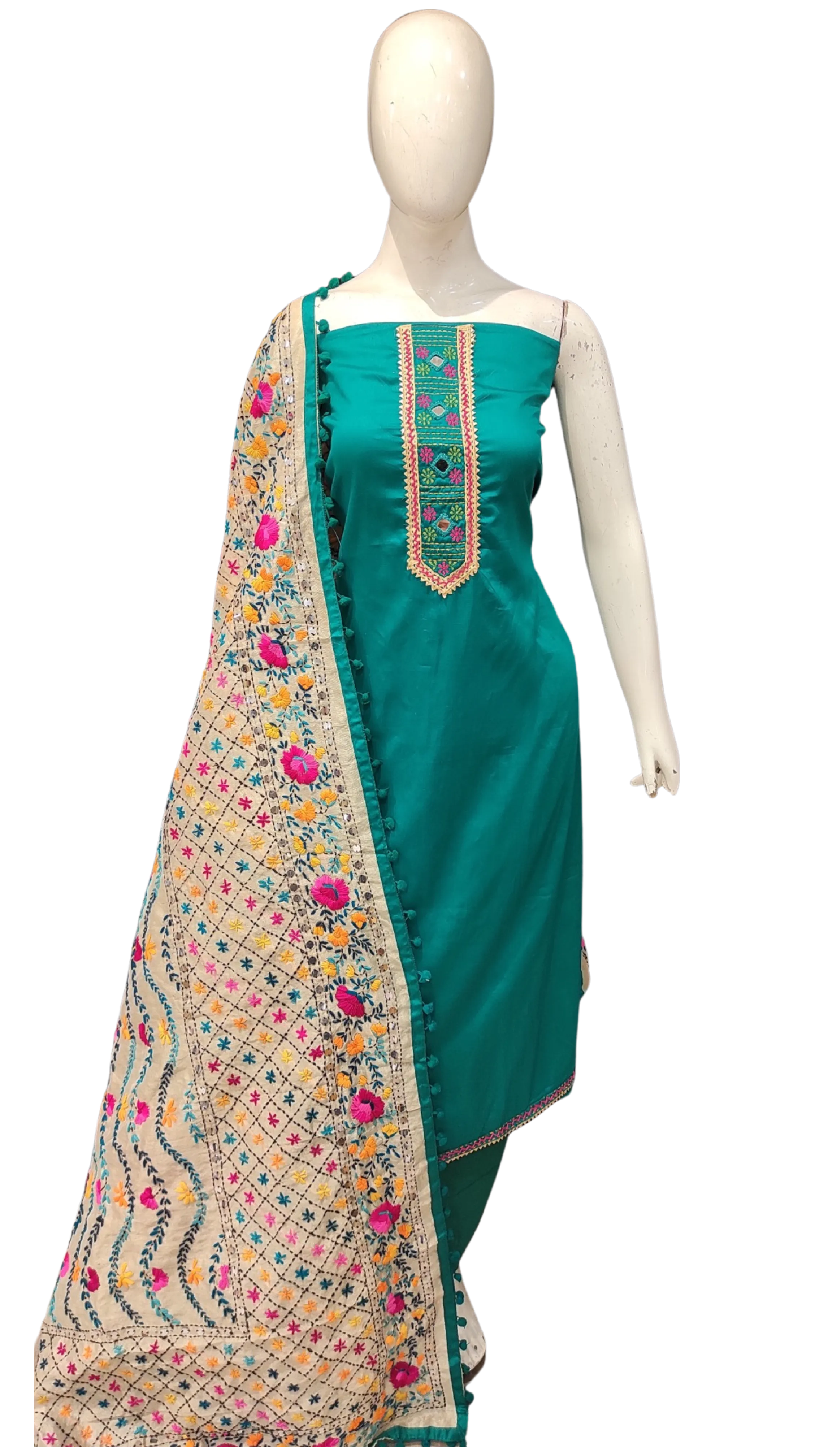 Cotton Unstitched Suit with Phulkari Dupatta