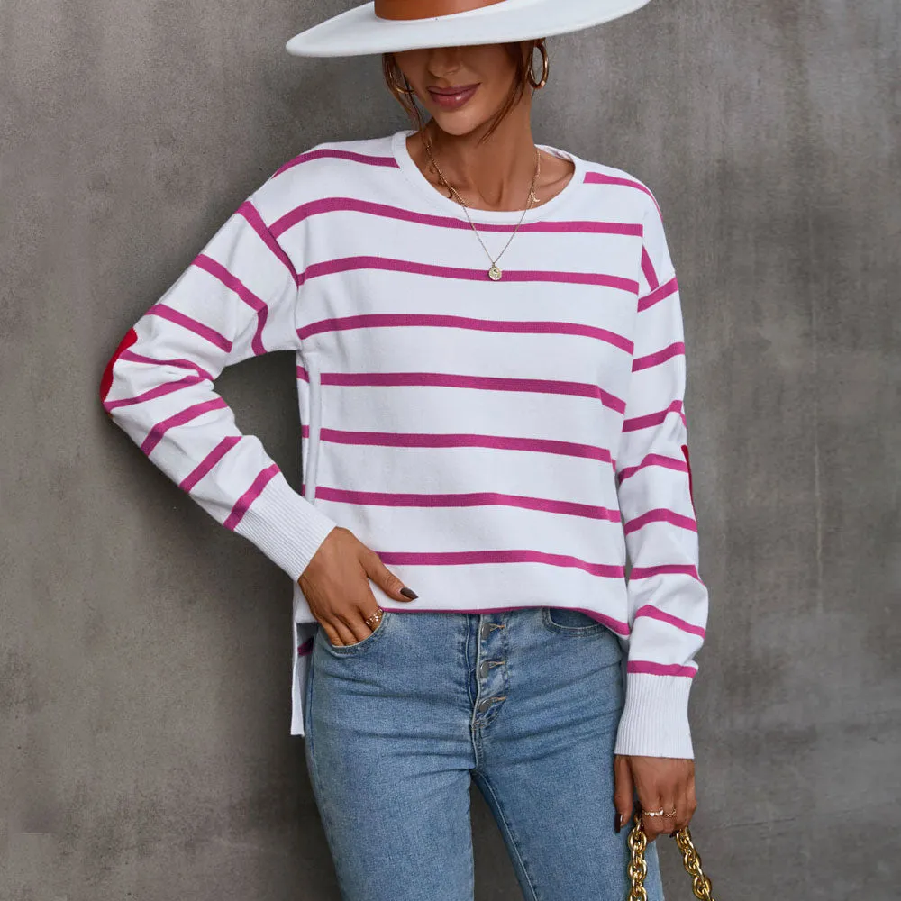 Crew Neck Long Sleeve Side Slit Stripe Heart Jacquard Knit Top