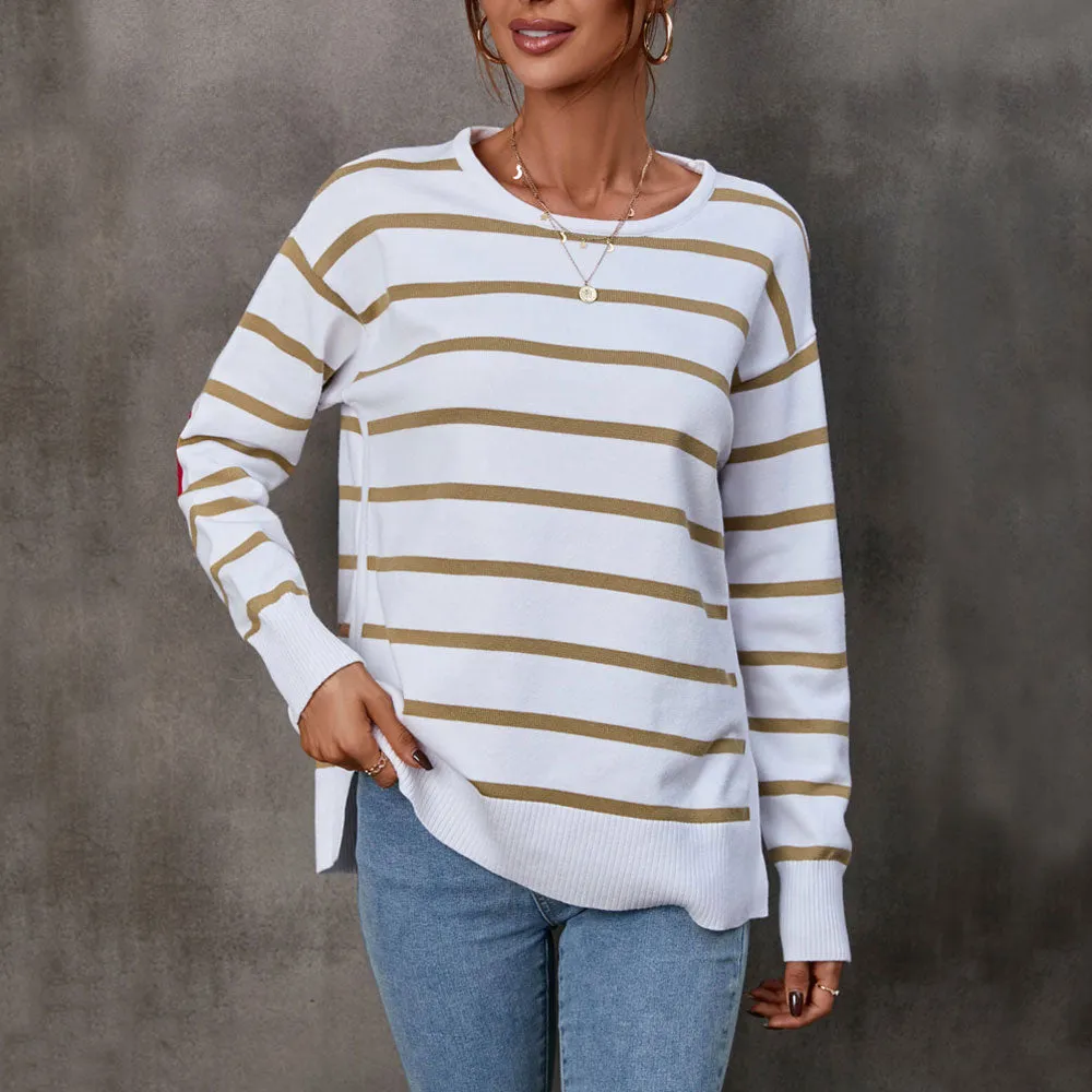 Crew Neck Long Sleeve Side Slit Stripe Heart Jacquard Knit Top