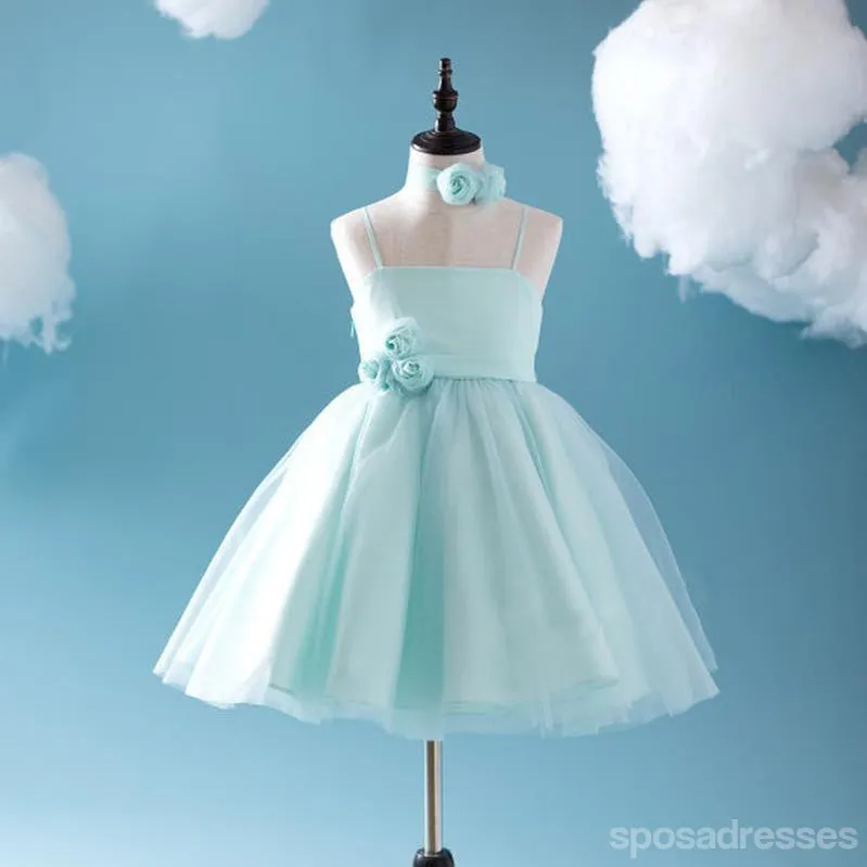 Cute Tiffany Blue Spaghetti Tulle Satin Flower Girl Dresses, Cheap Popular Little Girl Dresses, FG050